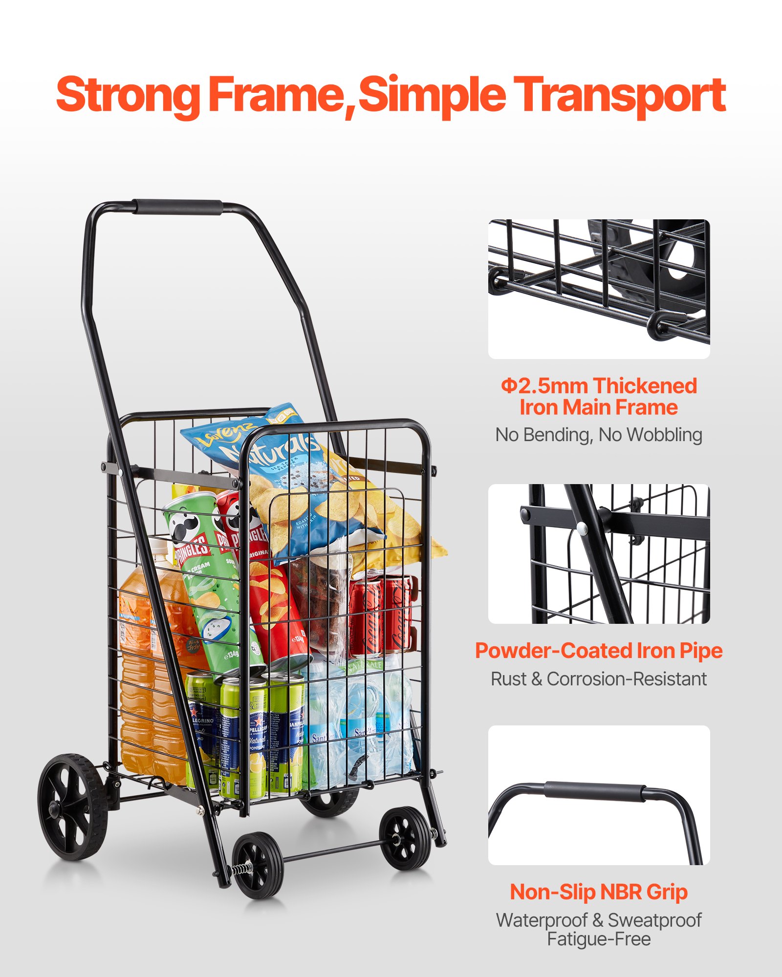 Shopping Cart, Folding Grocery Utility Cart with Swivel Wheels, 40.8 kg Large Load Capacity, Heavy Duty Rolling Laundry Basket Butler for Laundry, Shopping, Camping, Grocery, Luggage, Black - Image 6