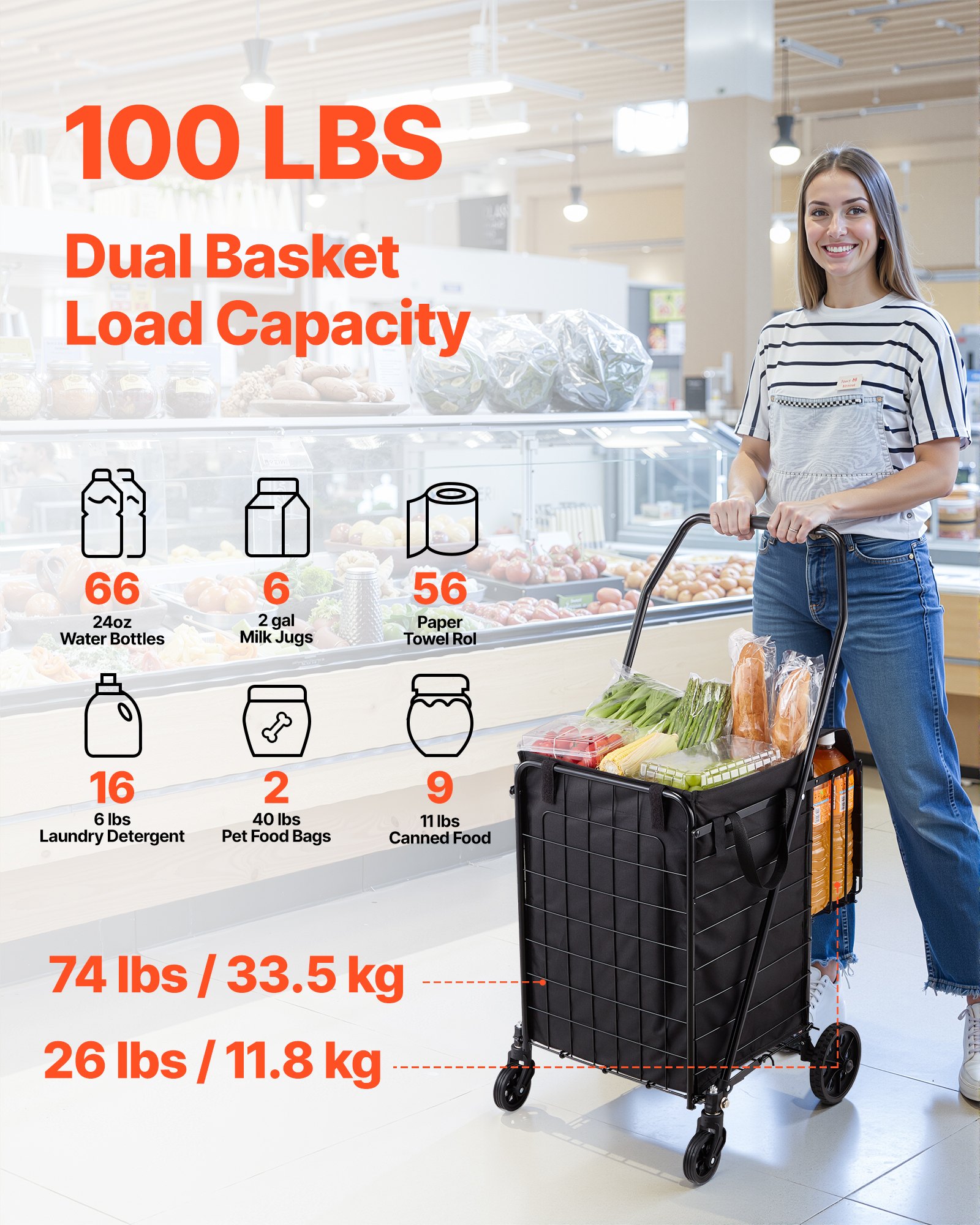 Shopping Cart, Folding Grocery Utility Cart with Dual Baskets, Waterproof Liner & Wheels, 45 KG Large Load Capacity, Heavy Duty Laundry Basket for Laundry, Shopping, Camping, Grocery, Luggage - Image 2
