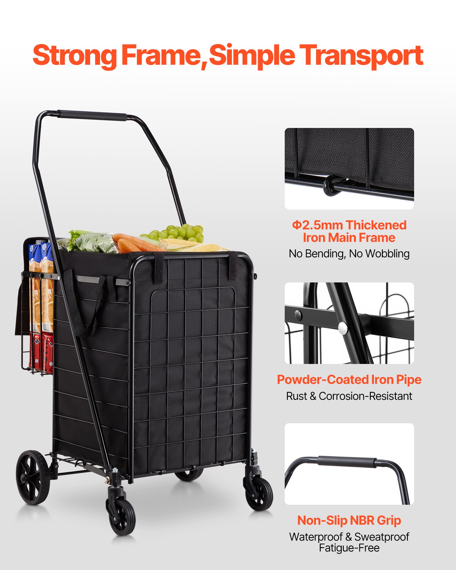 Shopping Cart, Folding Grocery Utility Cart with Dual Baskets, Waterproof Liner & Wheels, 45 KG Large Load Capacity, Heavy Duty Laundry Basket for Laundry, Shopping, Camping, Grocery, Luggage - Image 7