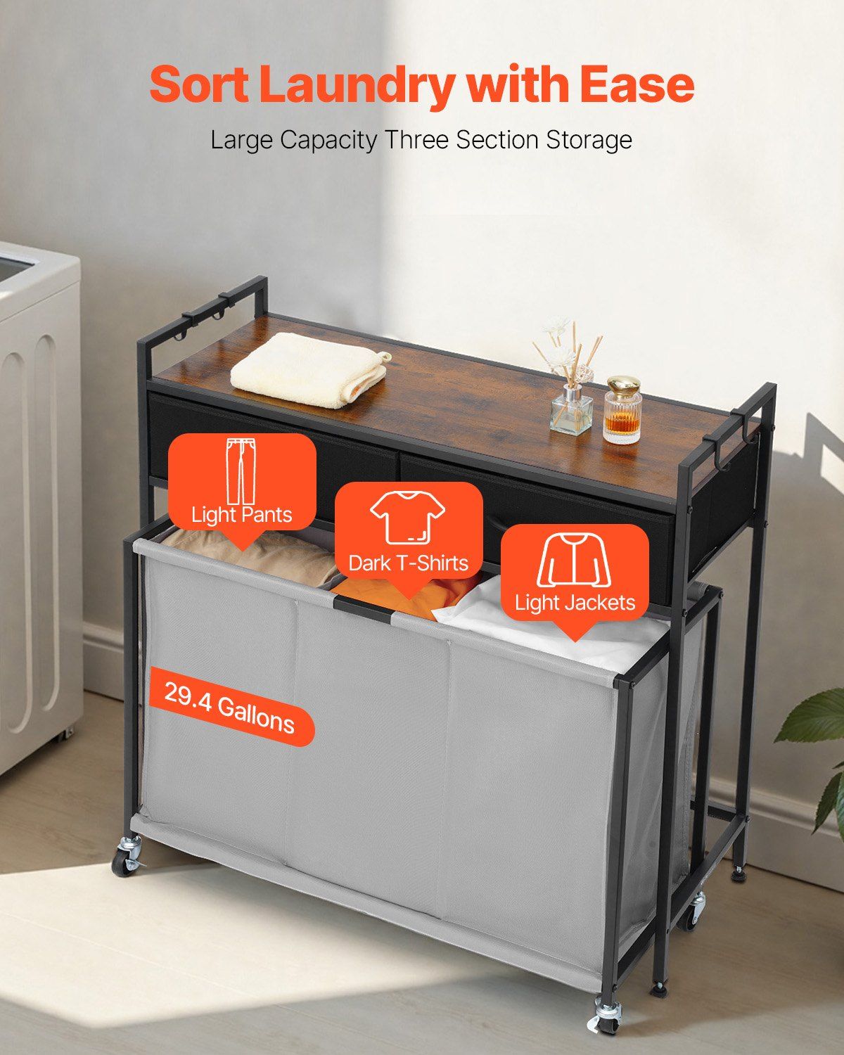 3 Section Laundry Sorter, Rolling Laundry Hamper with 2 Drawers, Hooks & Wheels, Rolling Basket Organizer Storage with Pull-Out Rolling Bags and Wooden Tabletop for Dirty Clothes, Bathroom - Image 3