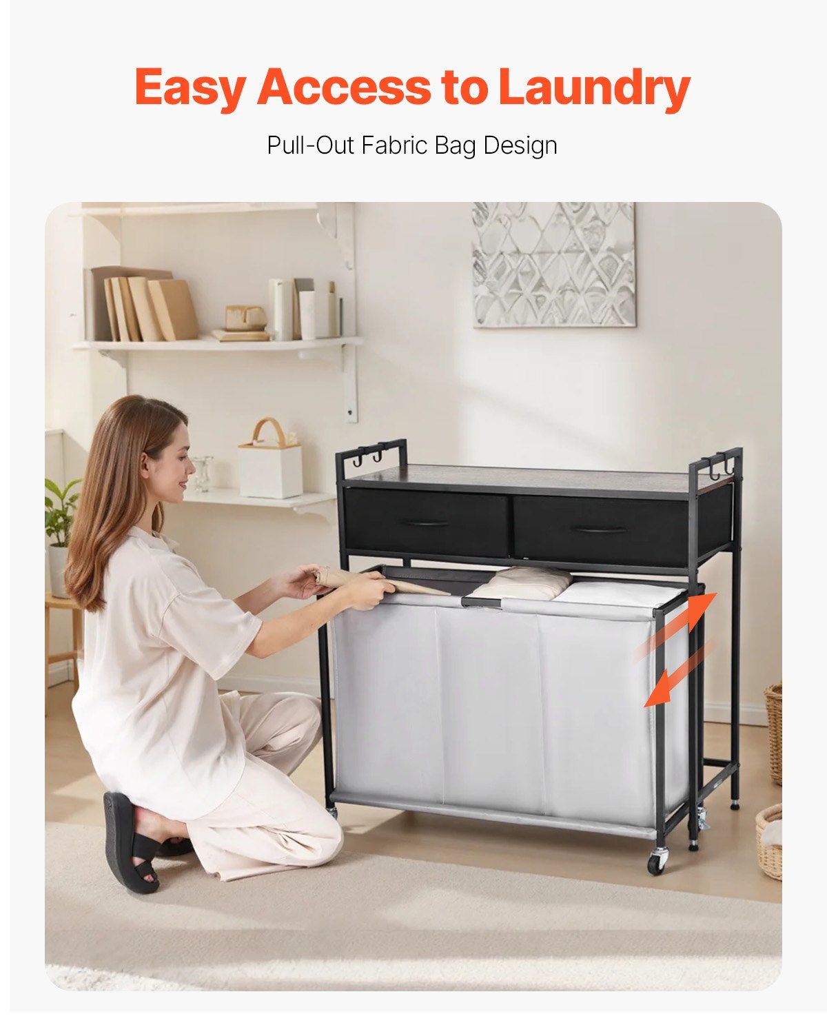 3 Section Laundry Sorter, Rolling Laundry Hamper with 2 Drawers, Hooks & Wheels, Rolling Basket Organizer Storage with Pull-Out Rolling Bags and Wooden Tabletop for Dirty Clothes, Bathroom - Image 4