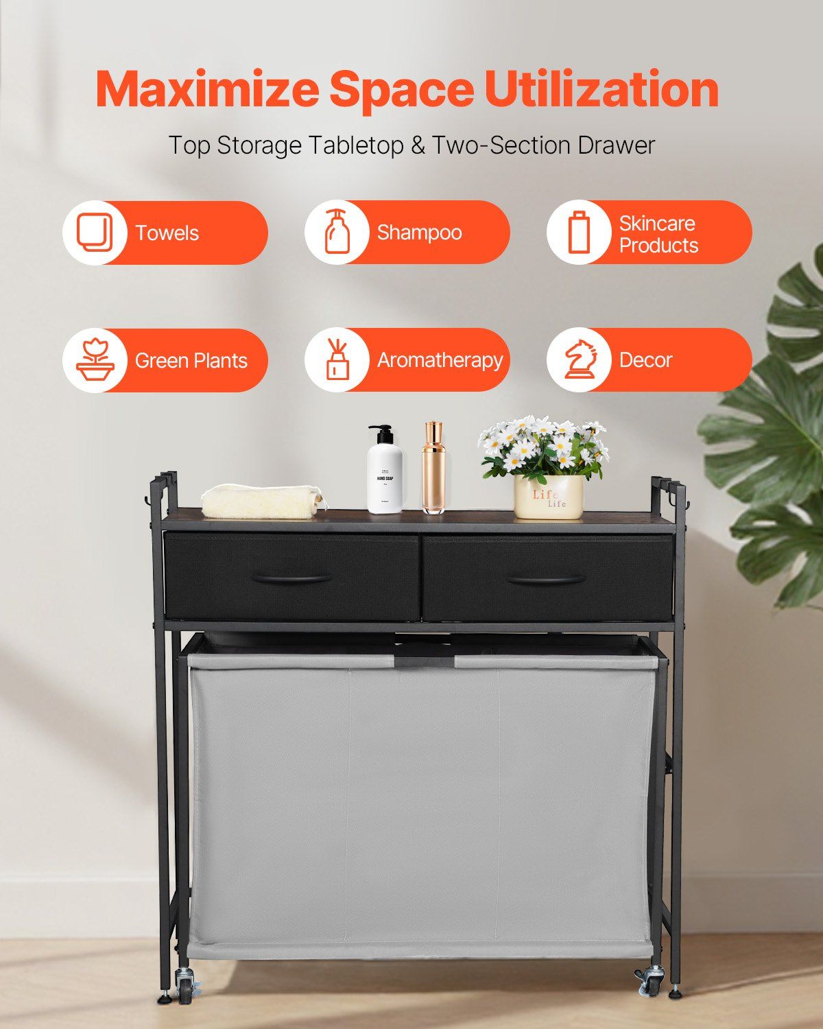 3 Section Laundry Sorter, Rolling Laundry Hamper with 2 Drawers, Hooks & Wheels, Rolling Basket Organizer Storage with Pull-Out Rolling Bags and Wooden Tabletop for Dirty Clothes, Bathroom - Image 6