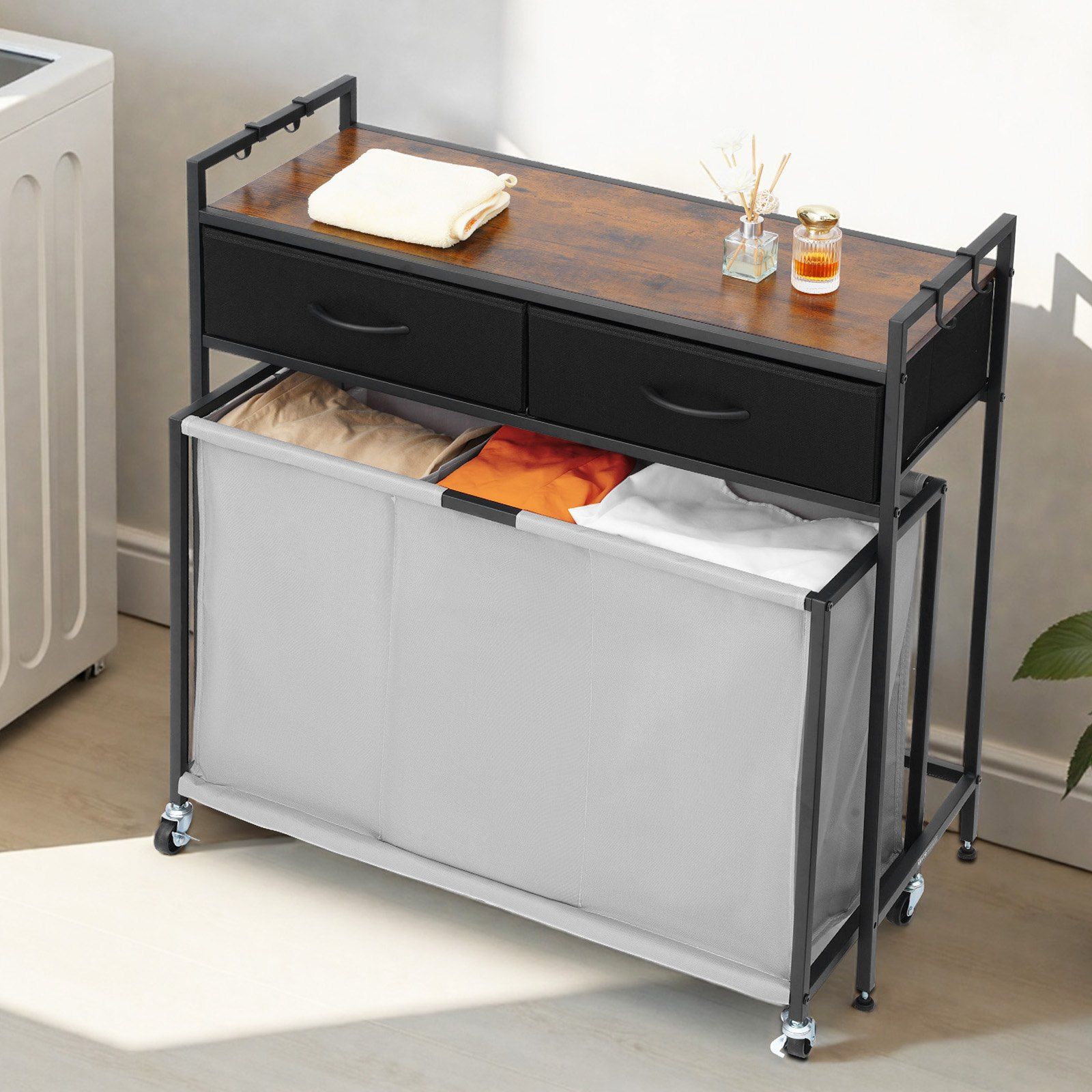 3 Section Laundry Sorter, Rolling Laundry Hamper with 2 Drawers, Hooks & Wheels, Rolling Basket Organizer Storage with Pull-Out Rolling Bags and Wooden Tabletop for Dirty Clothes, Bathroom - Image 8