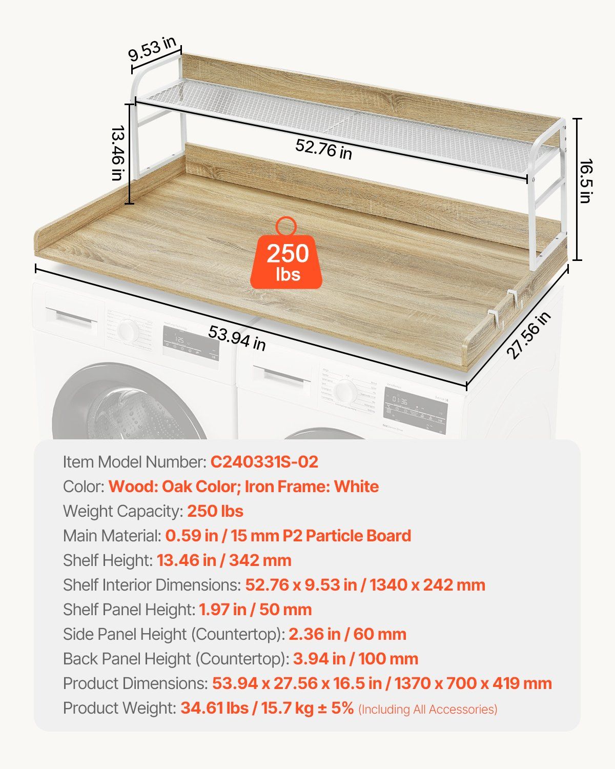 Washer Dryer Countertop with 2-Tier Shelf, 54