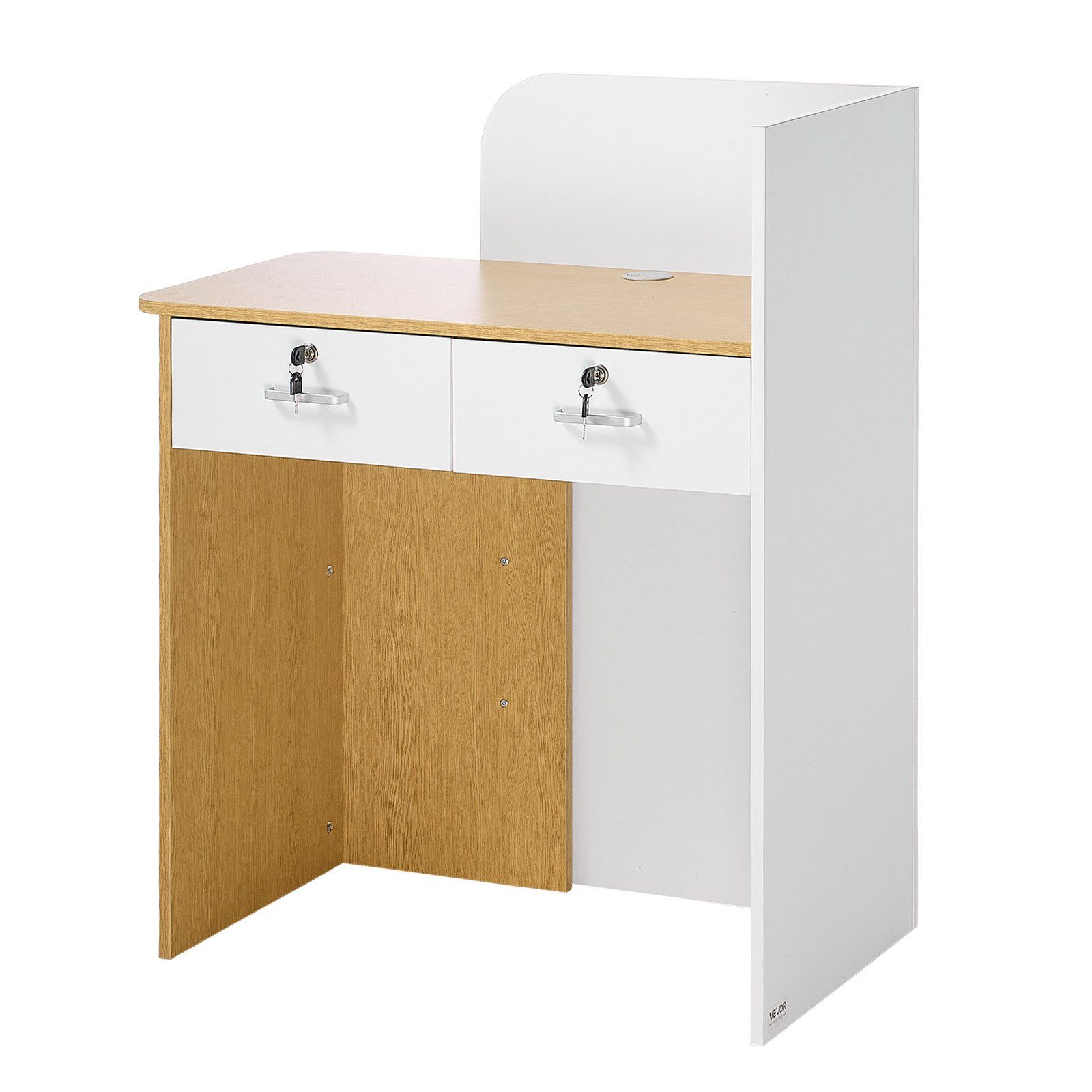 Reception Desk, 80 cm Rectangular Front Counter Table, Modern Office Reception Desk with LED Light, 2 Drawers & Power Outlets, Retail Counter Table for Checkout, Lobby, Beauty Salon, Office - Image 1