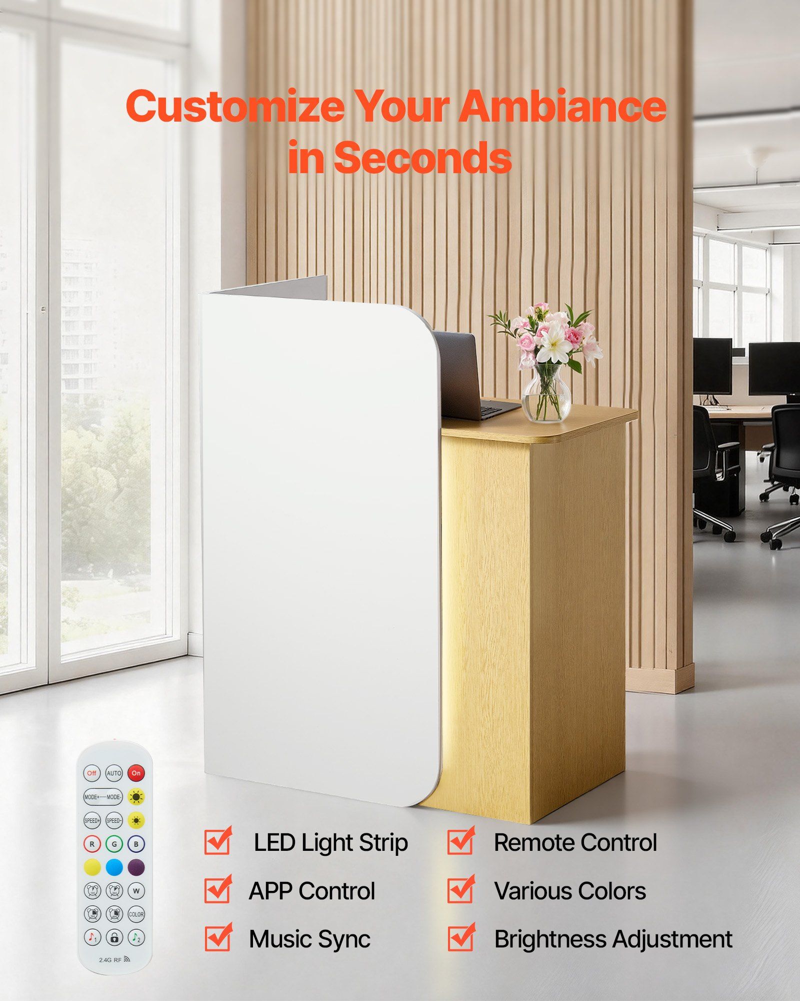 Reception Desk, 80 cm Rectangular Front Counter Table, Modern Office Reception Desk with LED Light, 2 Drawers & Power Outlets, Retail Counter Table for Checkout, Lobby, Beauty Salon, Office - Image 2