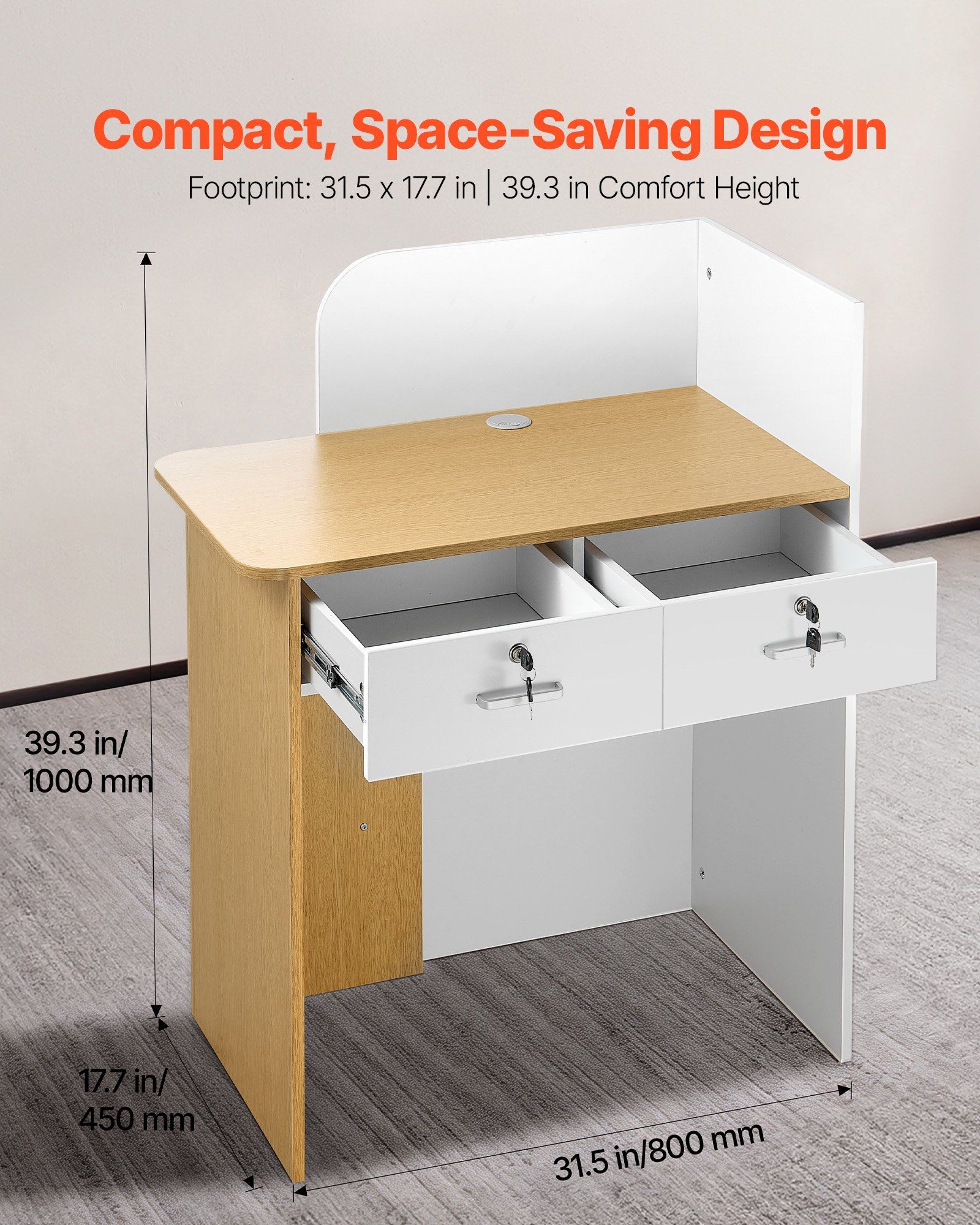 Reception Desk, 80 cm Rectangular Front Counter Table, Modern Office Reception Desk with LED Light, 2 Drawers & Power Outlets, Retail Counter Table for Checkout, Lobby, Beauty Salon, Office - Image 3