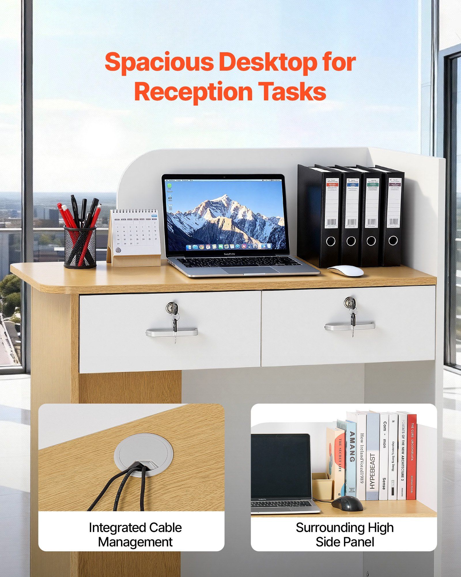 Reception Desk, 80 cm Rectangular Front Counter Table, Modern Office Reception Desk with LED Light, 2 Drawers & Power Outlets, Retail Counter Table for Checkout, Lobby, Beauty Salon, Office - Image 5