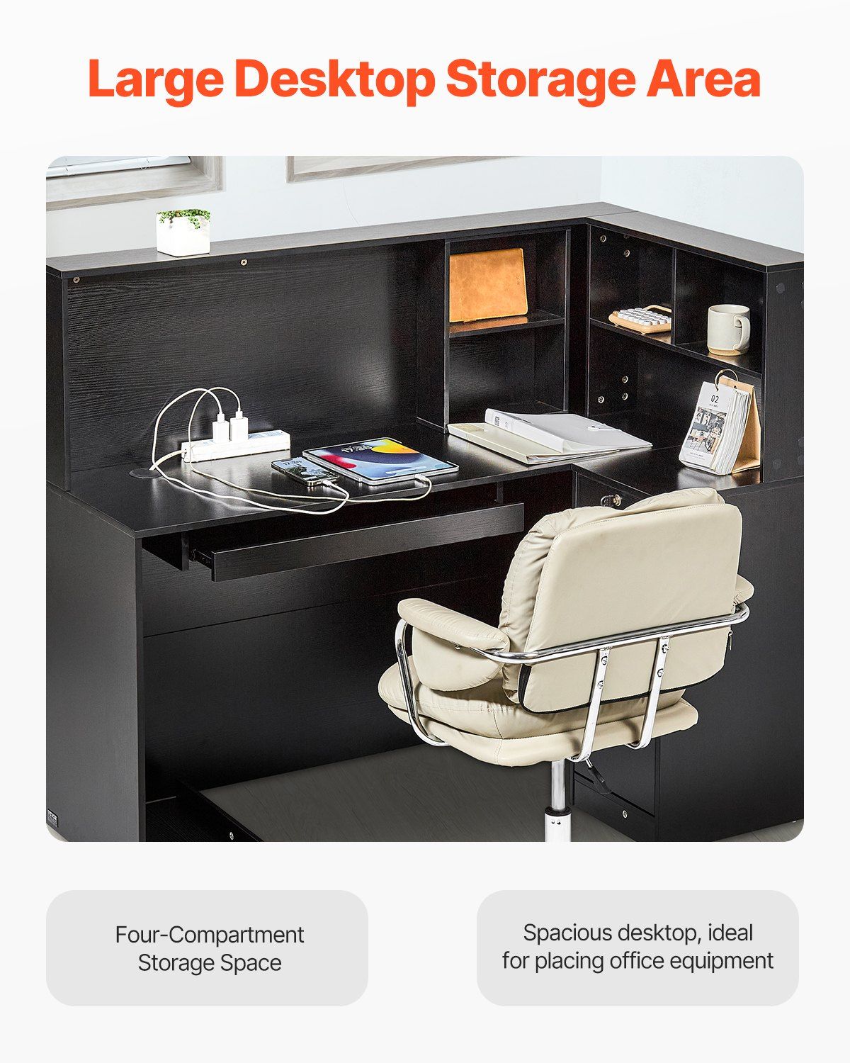 Reception Desk, 1400 x 800 x 1200 mm L-Shaped Front Counter Table, Office Reception Counter with Drawer Keyboard Tray and Storage Cabinet, for Checkout, Lobby, Beauty Salon & Office, Black - Image 5