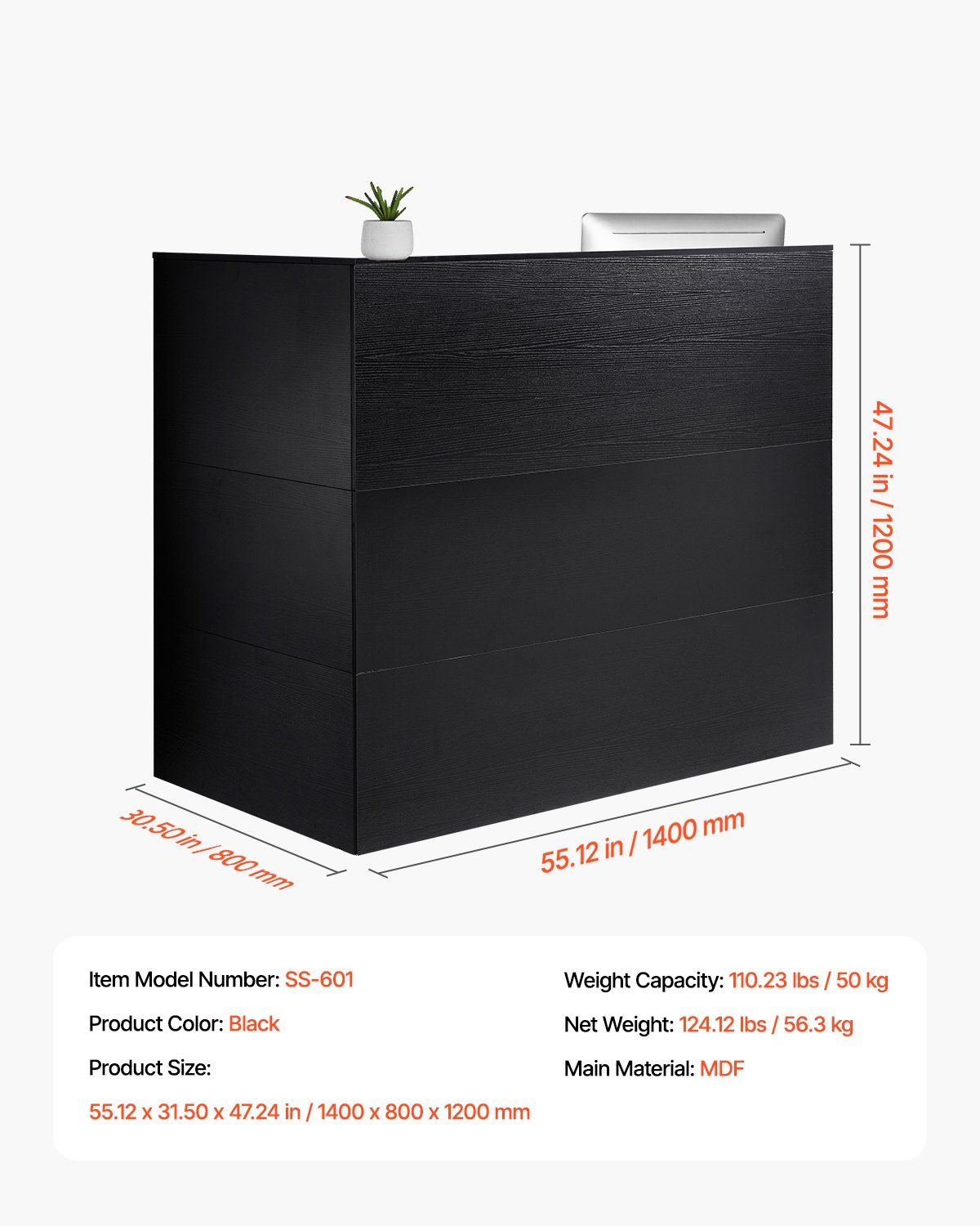 Reception Desk, 1400 x 800 x 1200 mm L-Shaped Front Counter Table, Office Reception Counter with Drawer Keyboard Tray and Storage Cabinet, for Checkout, Lobby, Beauty Salon & Office, Black - Image 7