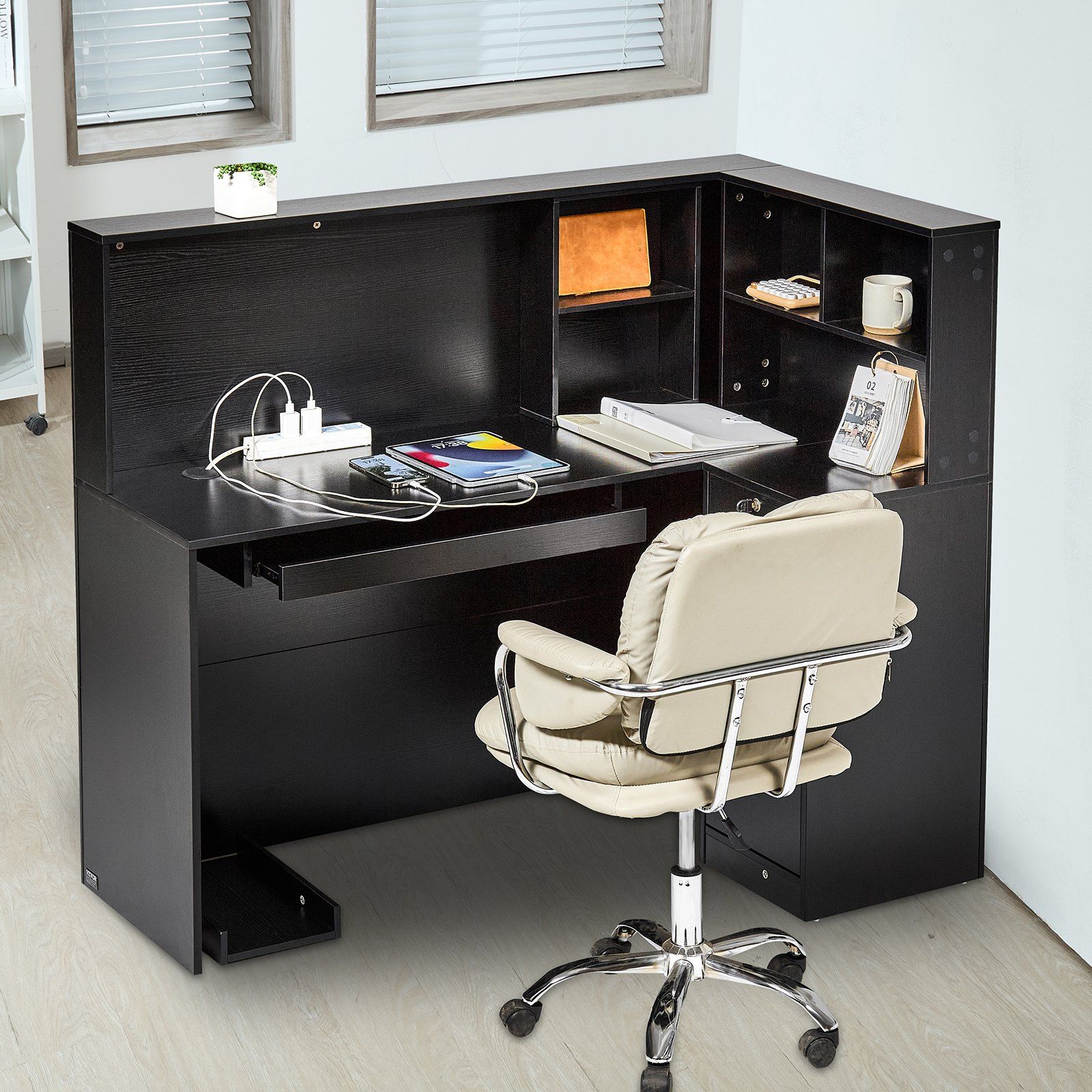 Reception Desk, 1400 x 800 x 1200 mm L-Shaped Front Counter Table, Office Reception Counter with Drawer Keyboard Tray and Storage Cabinet, for Checkout, Lobby, Beauty Salon & Office, Black - Image 8