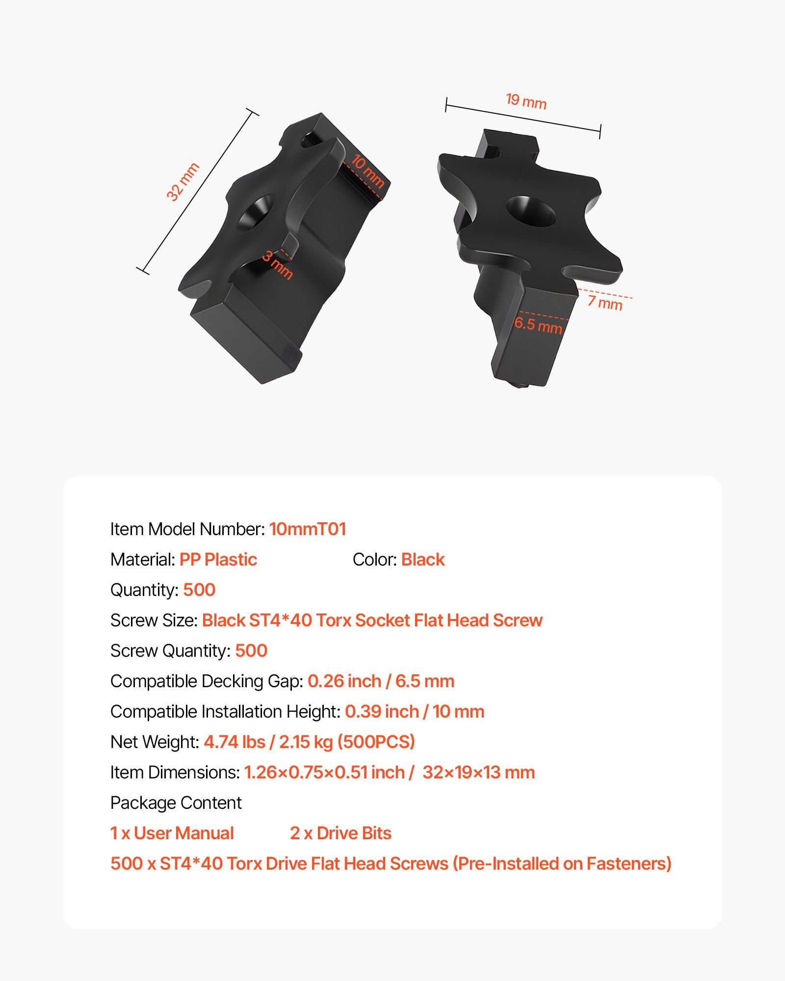 500PCS Hidden Deck Fasteners for Composite Decking Board, Universal Composite T Clips & Plastic Hidden Fasteners with Metal Screws,Polypropylene PP Clips Works with 6.5 mm Gaps, Black - Image 7