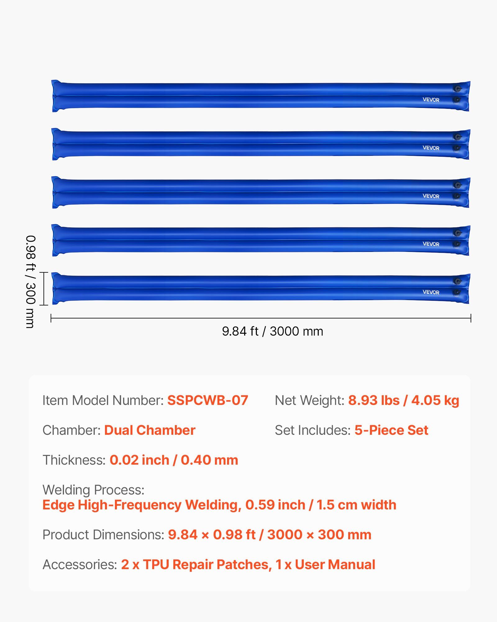 Pool Cover Water Bags, 5 Packs 2560 mm, Double Chamber Pool Cover Water Tubes, 0.4mm Thick PVC Bags Weights with Leakproof Screw Cap, for Inground Swimming-Pool Covers Winter Closing, Blue - Image 7