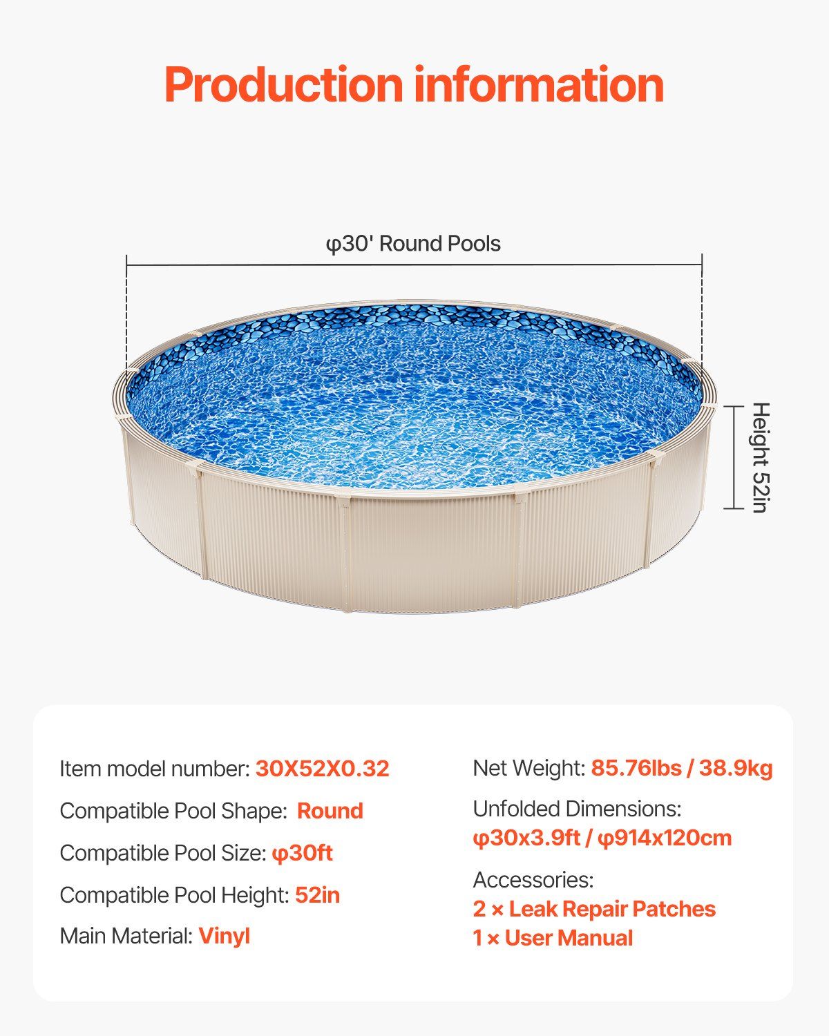 Pool Liner, 30ft Round Pool Liner, Uinbead Style, Durable Vinyl Pool Liner, Standard Gauge, 52in Wall Height, Pool Liner Replacement for Steel Sided Above-Ground Swimming Pools - Image 7