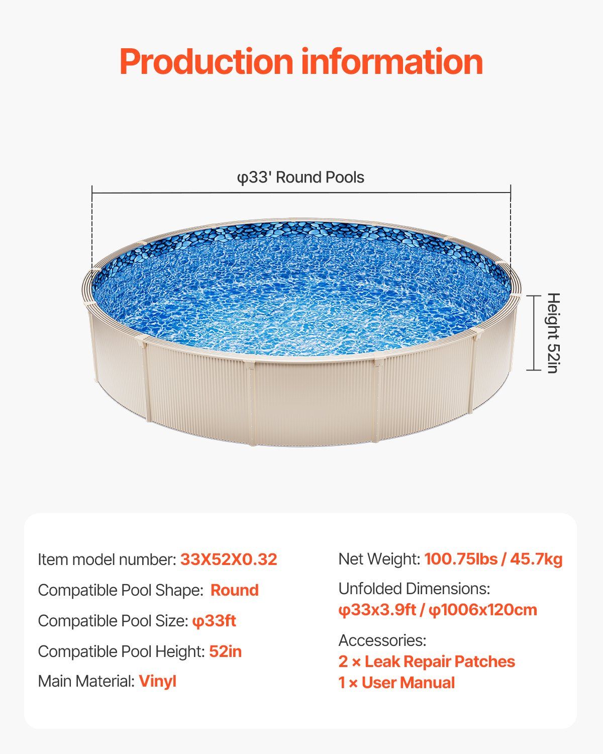 Pool Liner, 33ft Round Pool Liner, Uinbead Style, Durable Vinyl Pool Liner, Standard Gauge, 52in Wall Height, Pool Liner Replacement for Steel Sided Above-Ground Swimming Pools - Image 7
