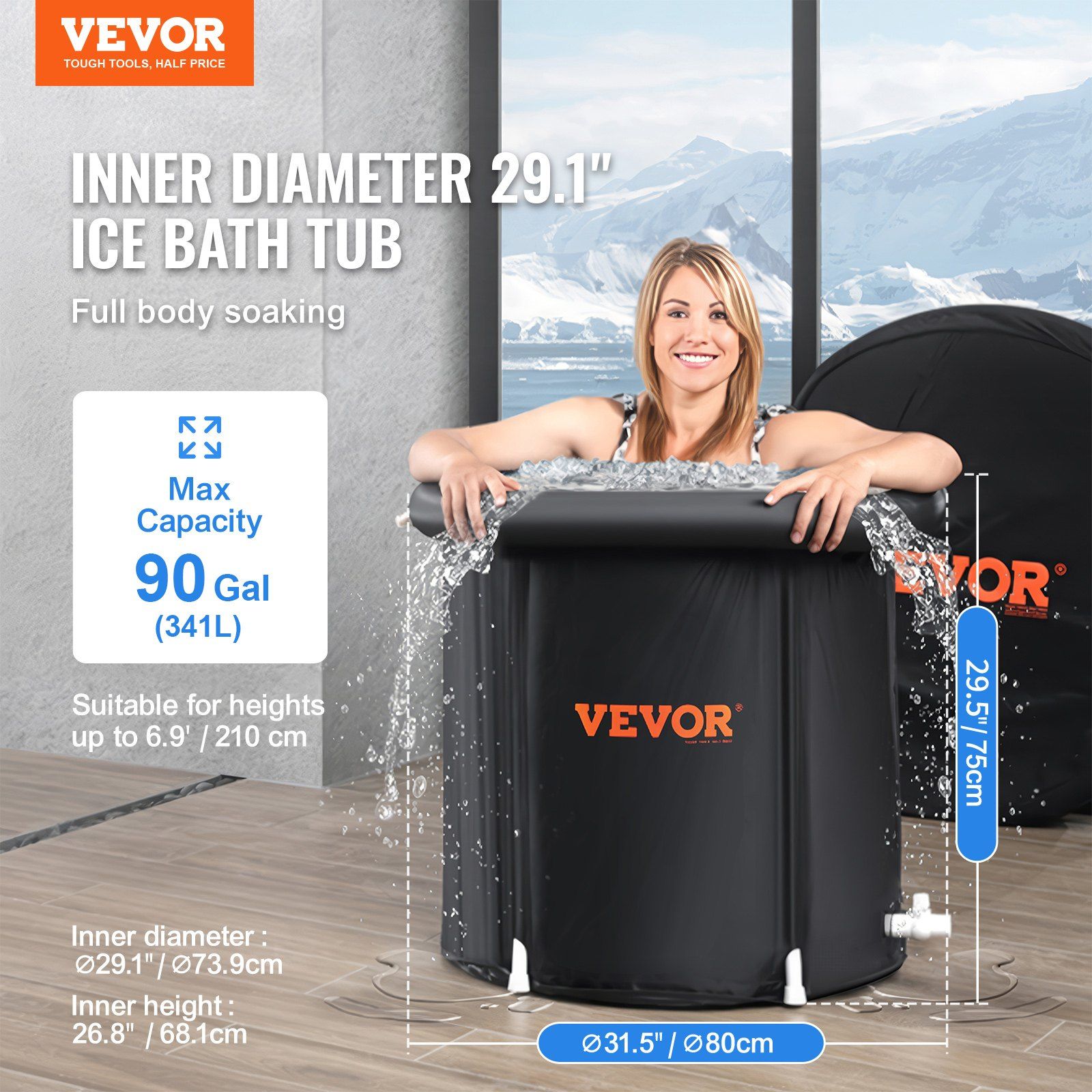 Ice Bath Tub, 80 cm Long Cold Water Therapy Plunge Tub for Athletes, Portable Outdoor Ice Barrel Plunge Pool for Recovery, 341L Inflatable Folding Bathtub with Cover, Home Ice Pod for Adult - Image 2