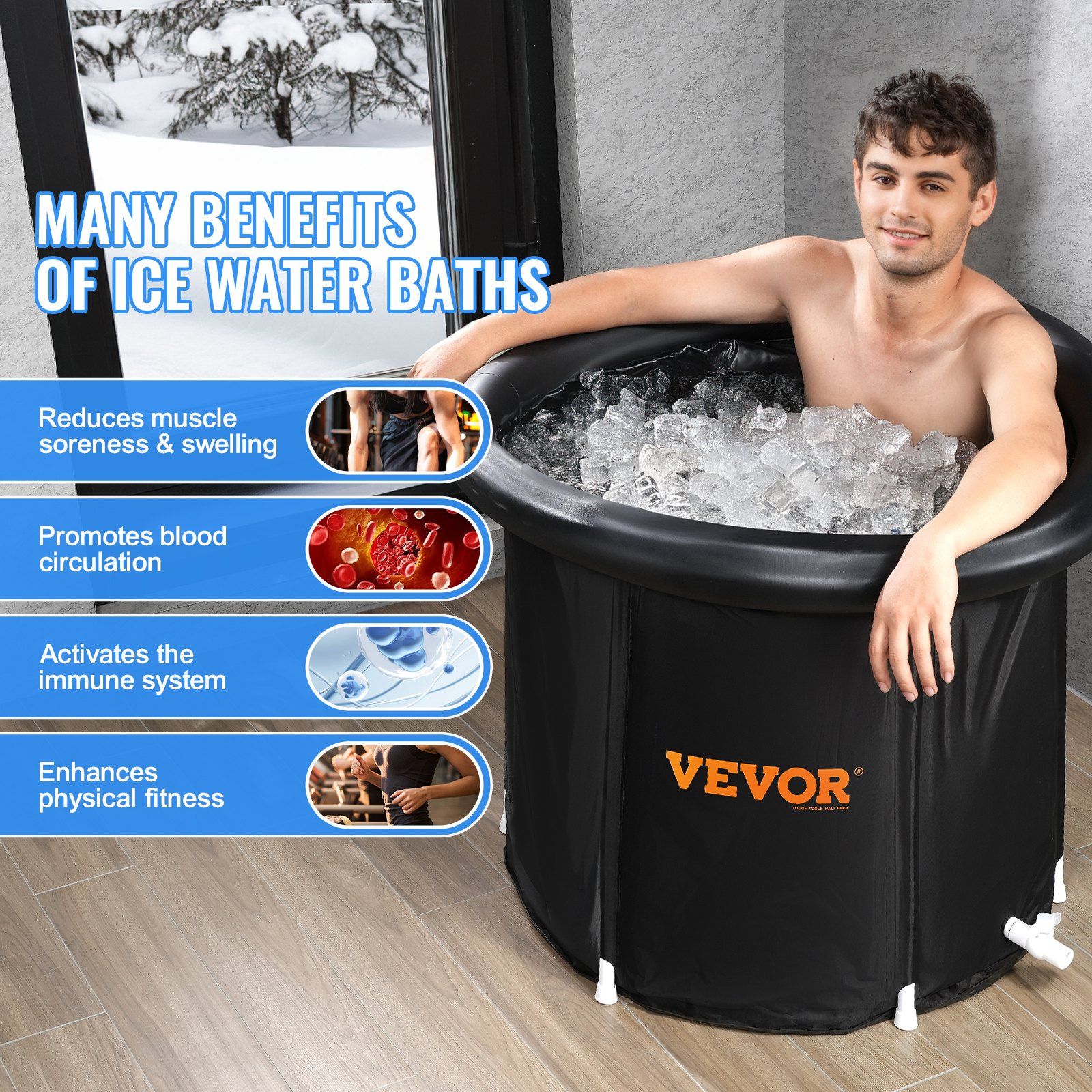 Ice Bath Tub, 80 cm Long Cold Water Therapy Plunge Tub for Athletes, Portable Outdoor Ice Barrel Plunge Pool for Recovery, 341L Inflatable Folding Bathtub with Cover, Home Ice Pod for Adult - Image 6