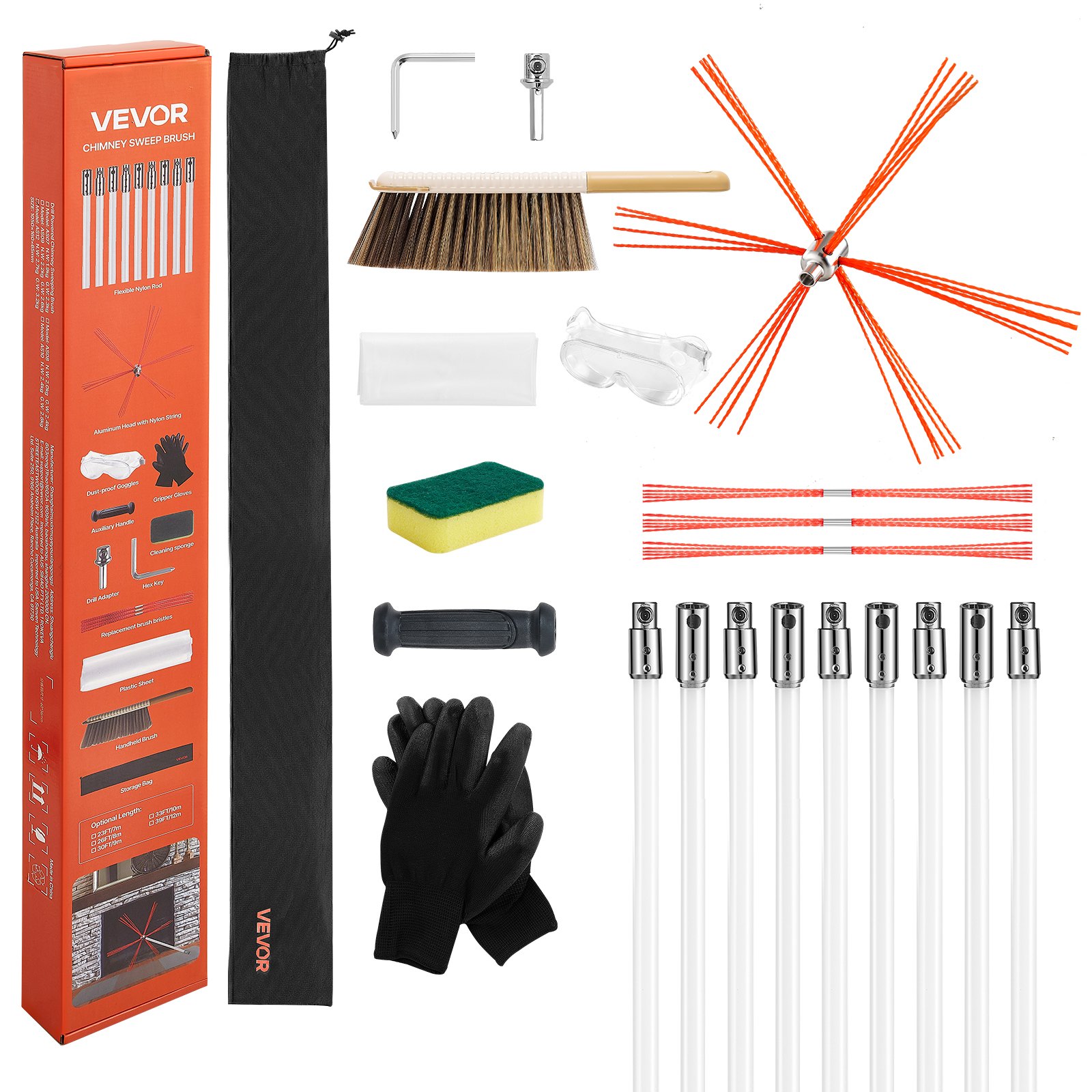 Chimney Sweep Kit, 9m Maximum Extendable Length Chimney Sweep, Chimneys Cleaning Kit with Bristle Replacements & Goggles, 90° Bendable Fireplace Cleaning Tool, for Square, Rectangle Chimneys - Image 1