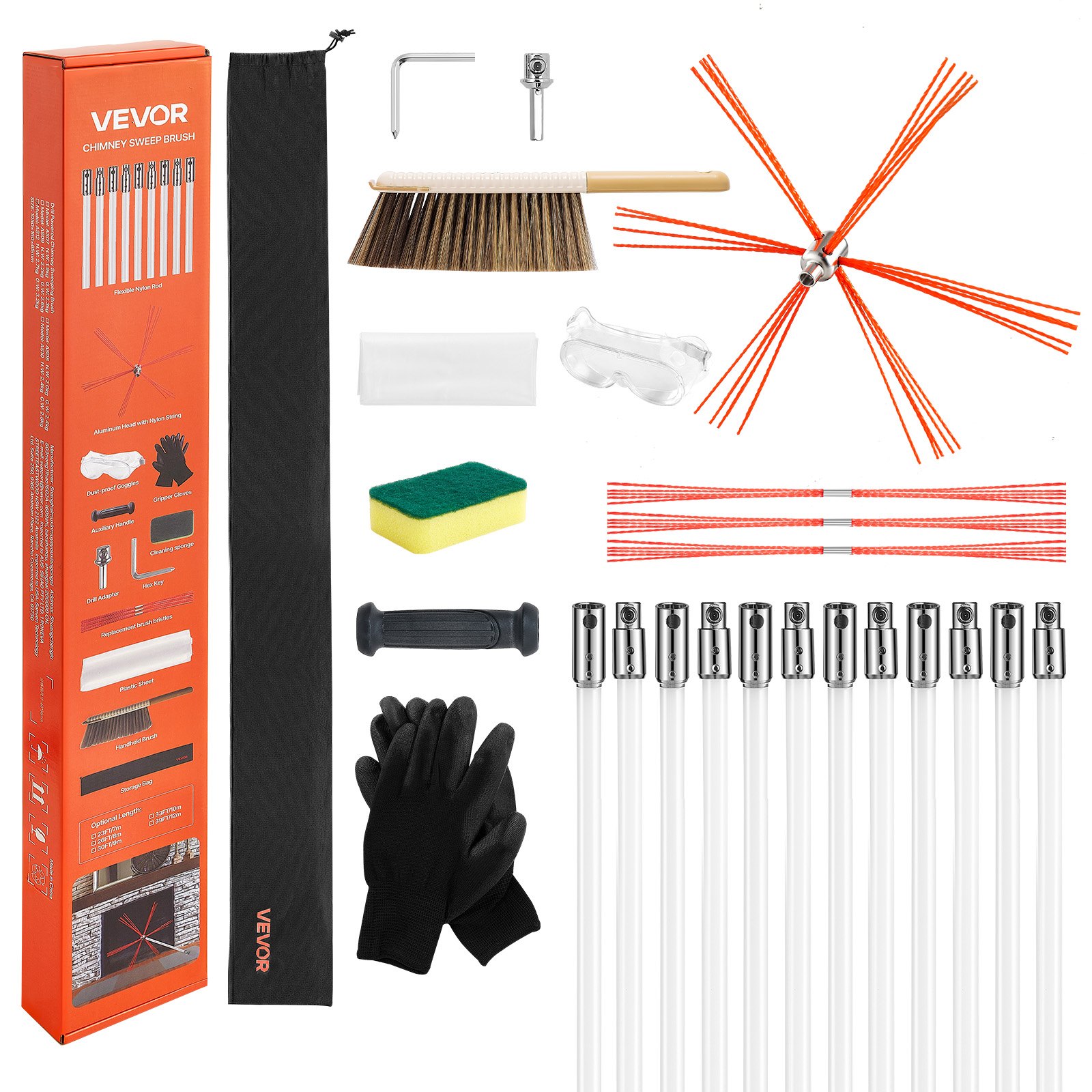 Chimney Sweep Kit, 12m Maximum Extendable Length Chimney Sweep, Chimneys Cleaning Kit with Bristle Replacements & Goggles, 90° Bendable Fireplace Cleaning Tool, for Square, Rectangle Chimneys - Image 1