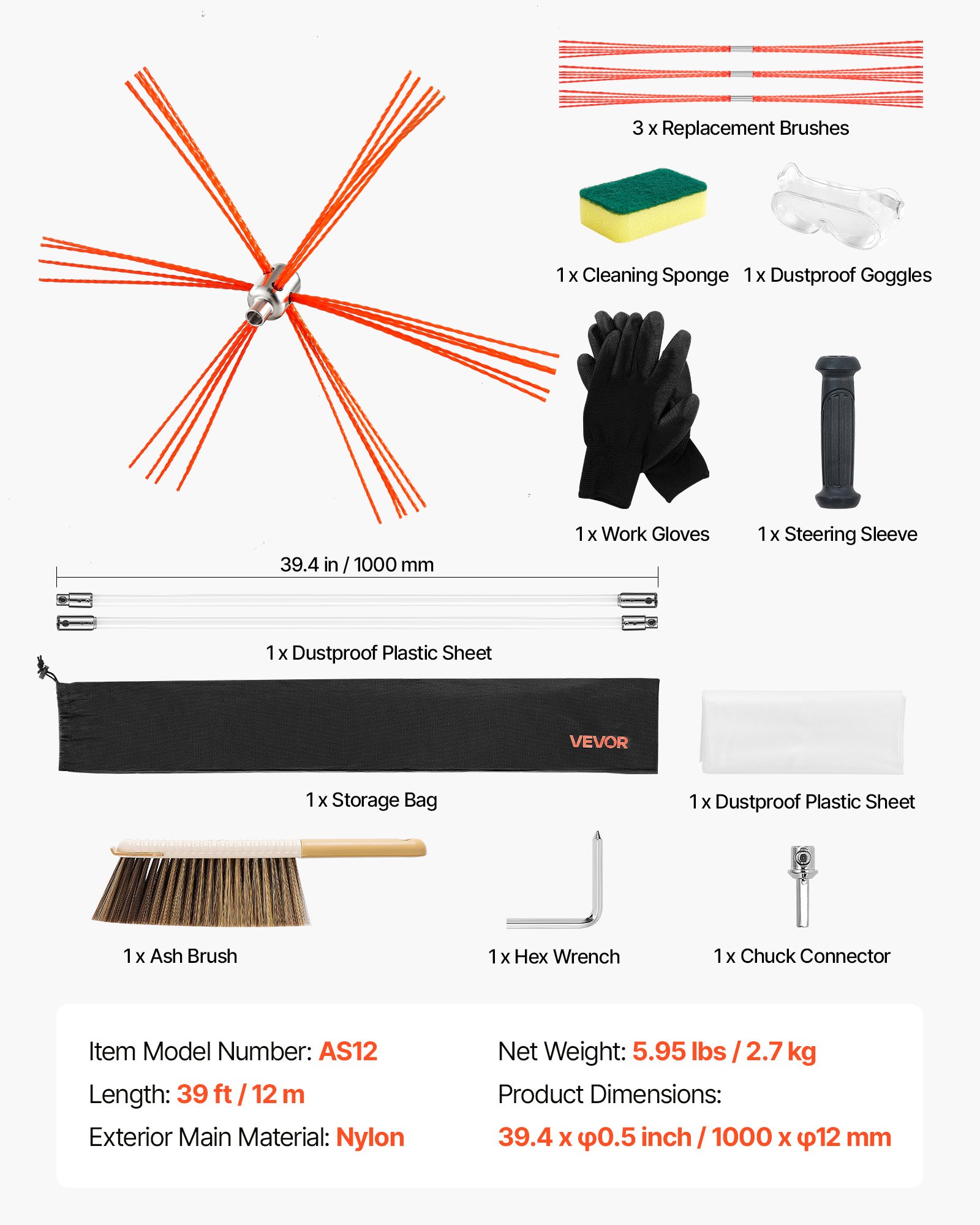 Chimney Sweep Kit, 12m Maximum Extendable Length Chimney Sweep, Chimneys Cleaning Kit with Bristle Replacements & Goggles, 90° Bendable Fireplace Cleaning Tool, for Square, Rectangle Chimneys - Image 7