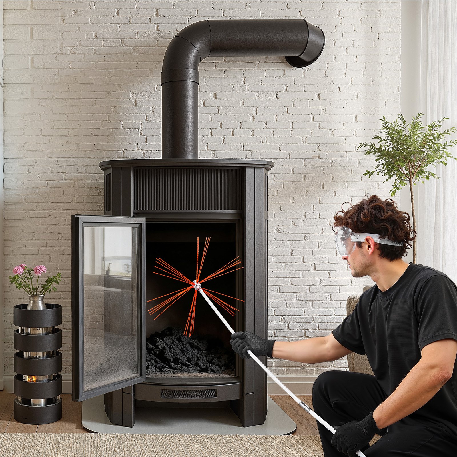 Chimney Sweep Kit, 12m Maximum Extendable Length Chimney Sweep, Chimneys Cleaning Kit with Bristle Replacements & Goggles, 90° Bendable Fireplace Cleaning Tool, for Square, Rectangle Chimneys - Image 8