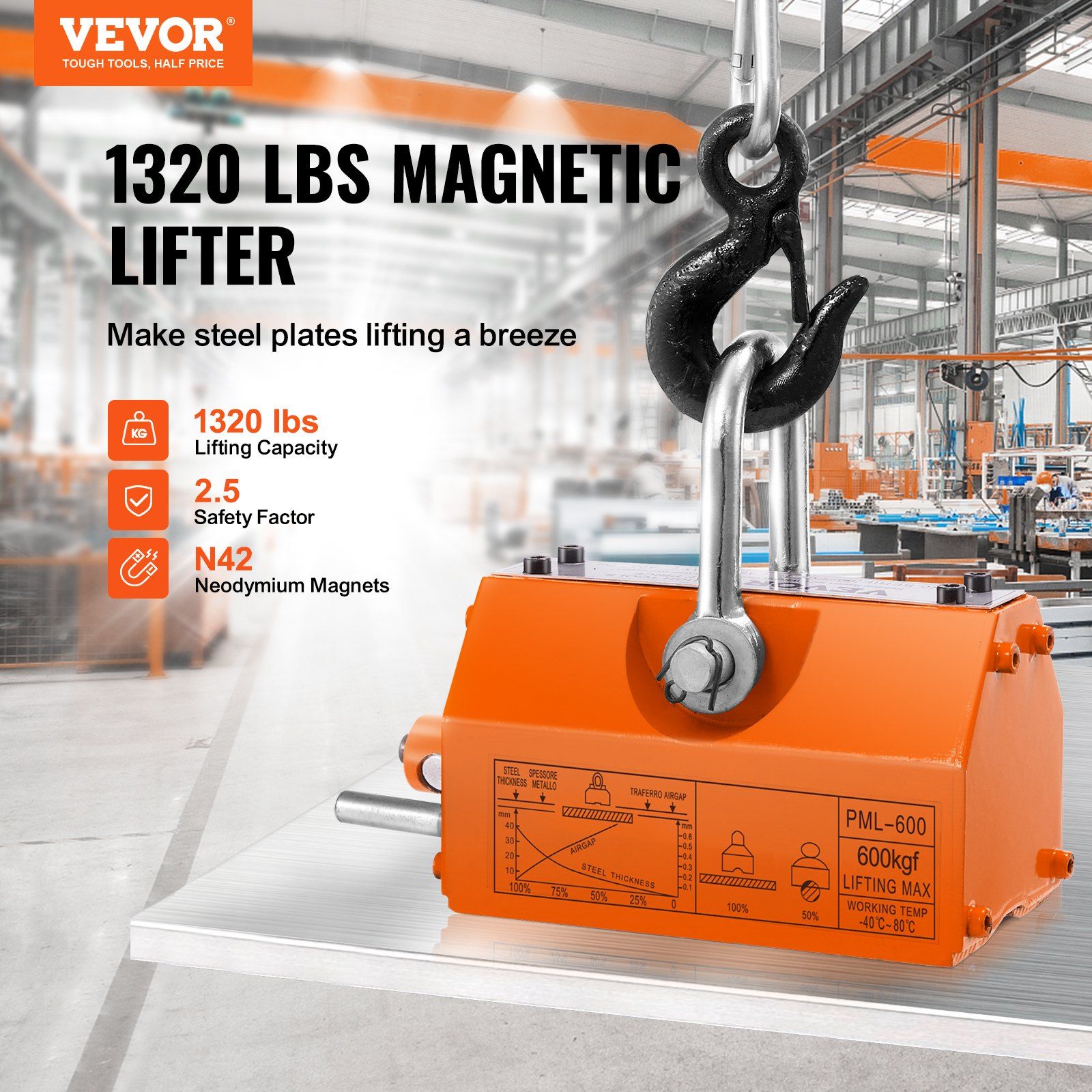 Magnetic Lifter, 600 kg Pulling Capacity, 2.5 Safety Factor, Neodymium & Steel, Lifting Magnet with Release, Permanent Lift Magnets, Heavy Duty Magnet for Hoist, Shop Crane, Block, Board - Image 2