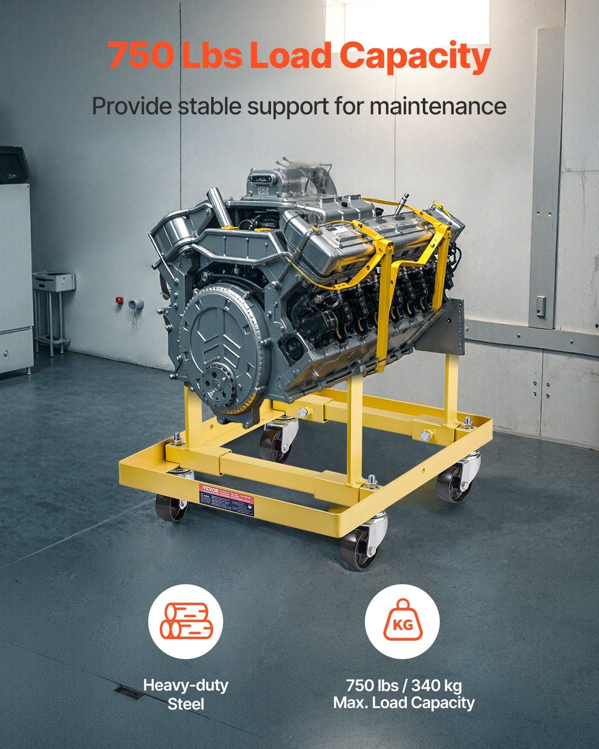 Engine Stand, 340 KG Load Capacity Engine Motor Stand with Adjustable Width & Length, Heavy-Duty Steel Motor Holder with 4 Swivel Casters and 2 Ratchet Straps, Suitable for Most Engines - Image 2
