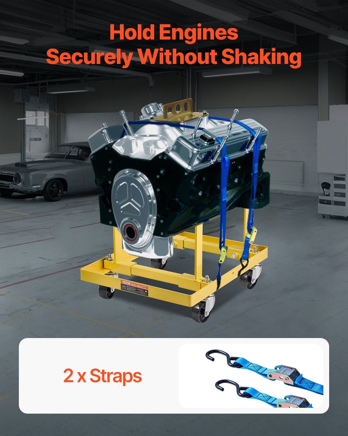 Engine Stand, 340 KG Load Capacity Engine Motor Stand with Adjustable Width & Length, Heavy-Duty Steel Motor Holder with 4 Swivel Casters and 2 Ratchet Straps, Suitable for Most Engines - Image 7