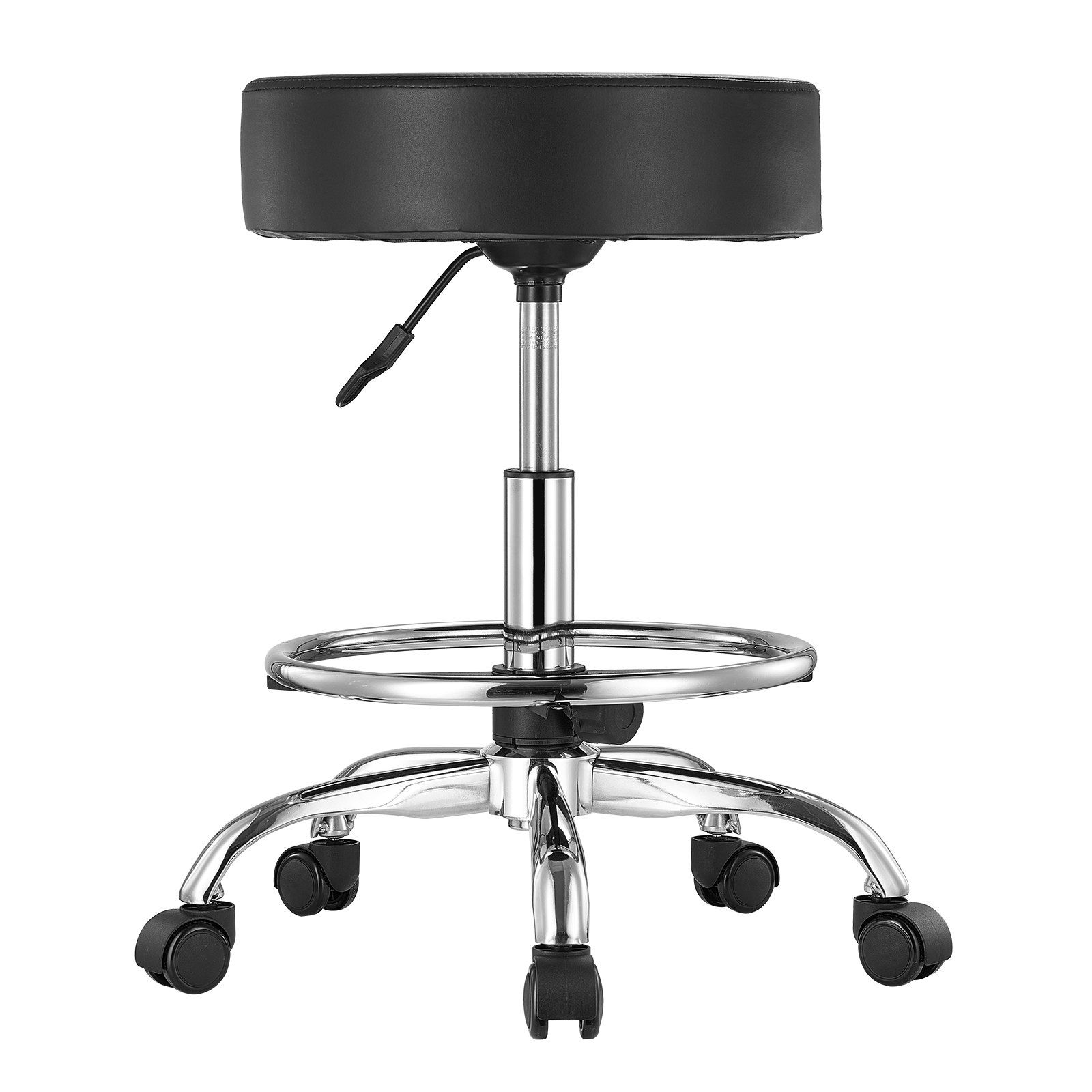 Round Rolling Stool, Leather Rolling Stool with Footrest, 360° Swivel Drafting Stool with Thickened Cushion, Height Adjustable Rolling Work SPA Tattoo Stool, for Office, Home, Salon & Bar Black - Image 1