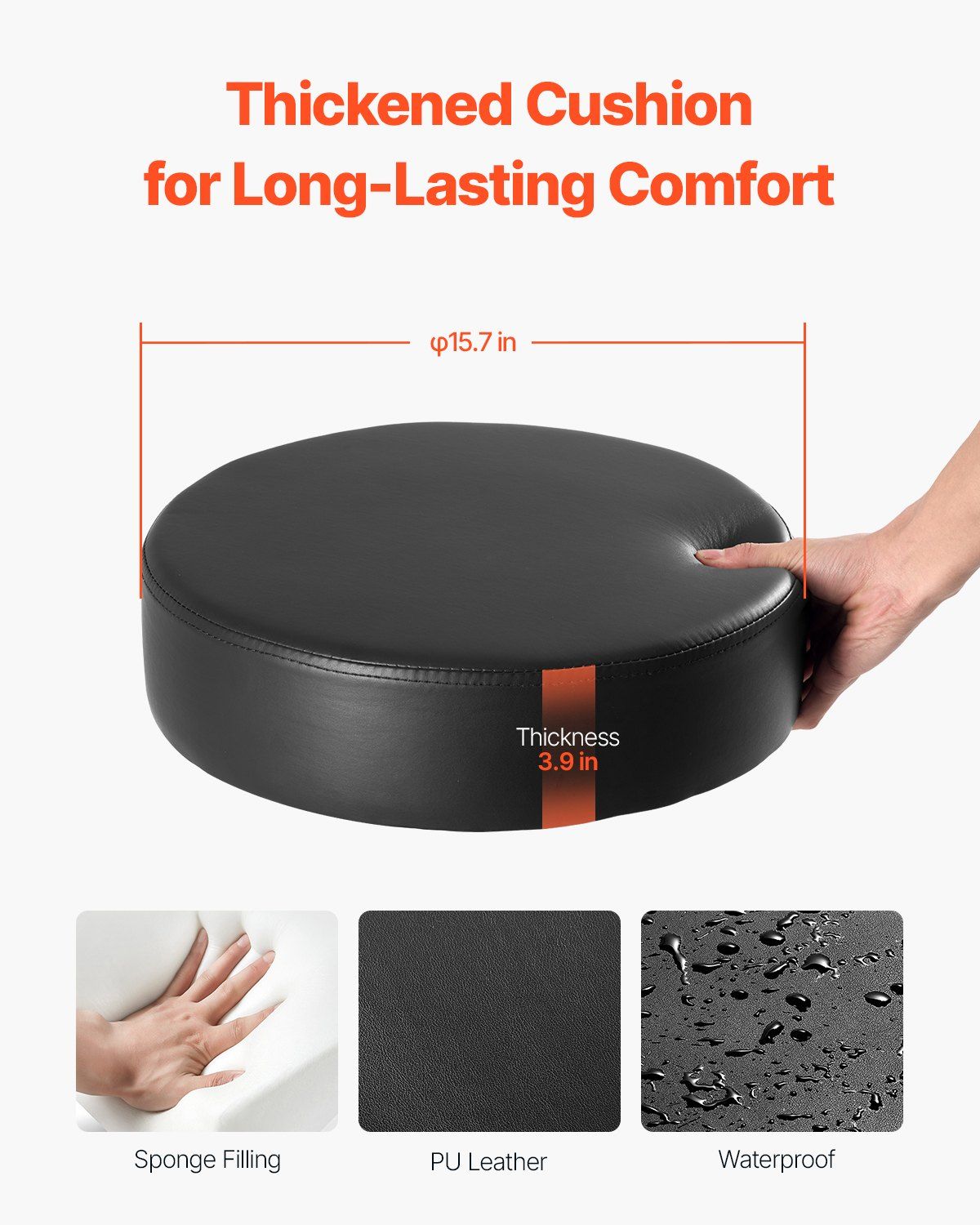 Round Rolling Stool, Leather Rolling Stool with Footrest, 360° Swivel Drafting Stool with Thickened Cushion, Height Adjustable Rolling Work SPA Tattoo Stool, for Office, Home, Salon & Bar Black - Image 2