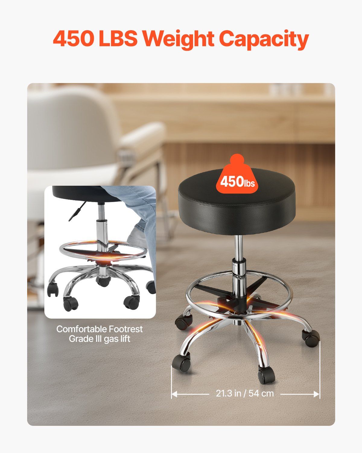 Round Rolling Stool, Leather Rolling Stool with Footrest, 360° Swivel Drafting Stool with Thickened Cushion, Height Adjustable Rolling Work SPA Tattoo Stool, for Office, Home, Salon & Bar Black - Image 3