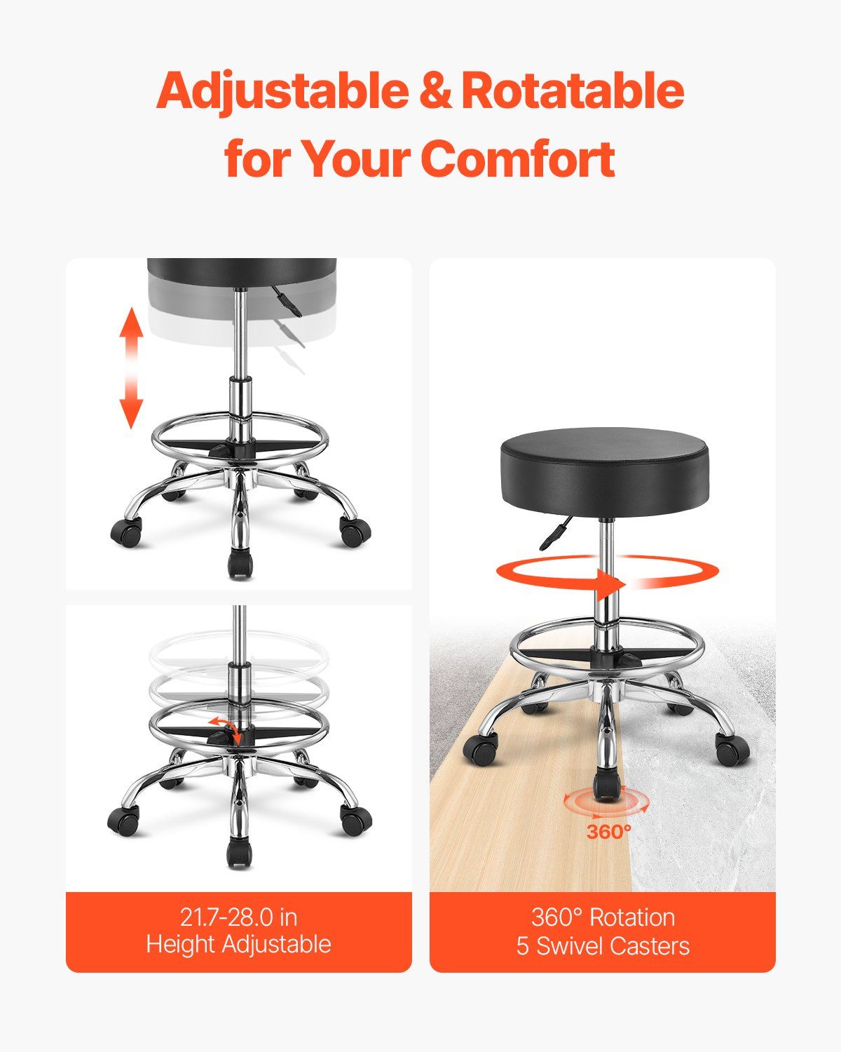 Round Rolling Stool, Leather Rolling Stool with Footrest, 360° Swivel Drafting Stool with Thickened Cushion, Height Adjustable Rolling Work SPA Tattoo Stool, for Office, Home, Salon & Bar Black - Image 4