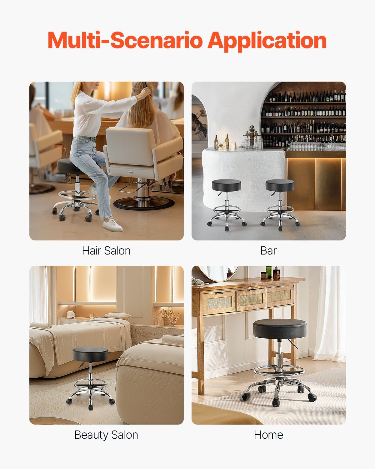Round Rolling Stool, Leather Rolling Stool with Footrest, 360° Swivel Drafting Stool with Thickened Cushion, Height Adjustable Rolling Work SPA Tattoo Stool, for Office, Home, Salon & Bar Black - Image 6