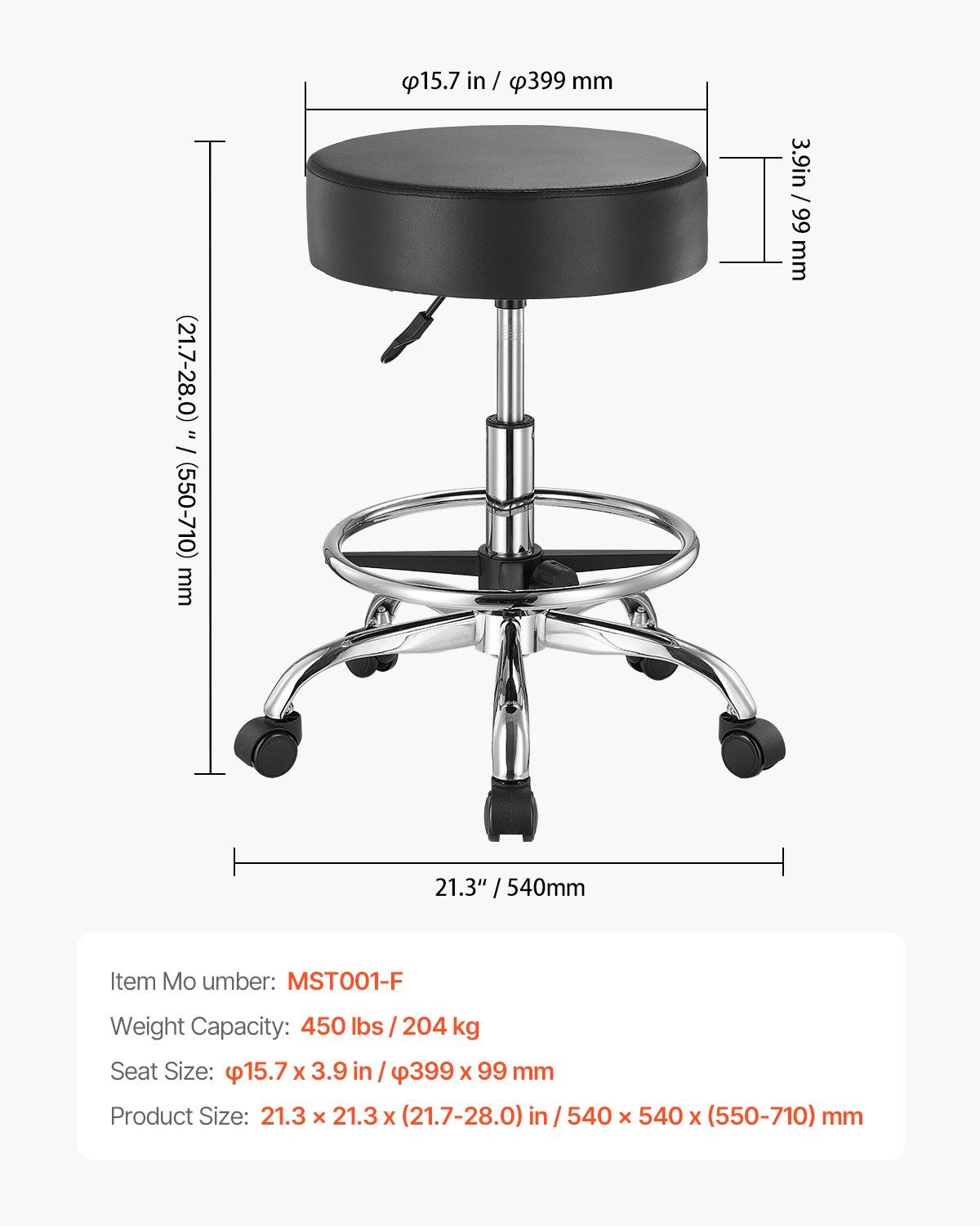 Round Rolling Stool, Leather Rolling Stool with Footrest, 360° Swivel Drafting Stool with Thickened Cushion, Height Adjustable Rolling Work SPA Tattoo Stool, for Office, Home, Salon & Bar Black - Image 7