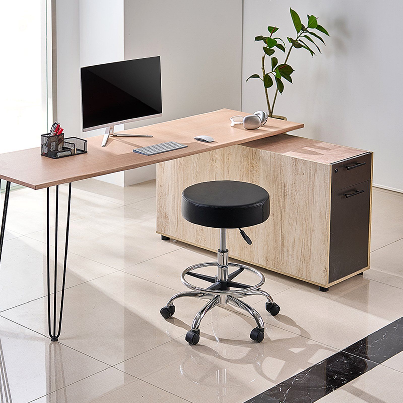 Round Rolling Stool, Leather Rolling Stool with Footrest, 360° Swivel Drafting Stool with Thickened Cushion, Height Adjustable Rolling Work SPA Tattoo Stool, for Office, Home, Salon & Bar Black - Image 8