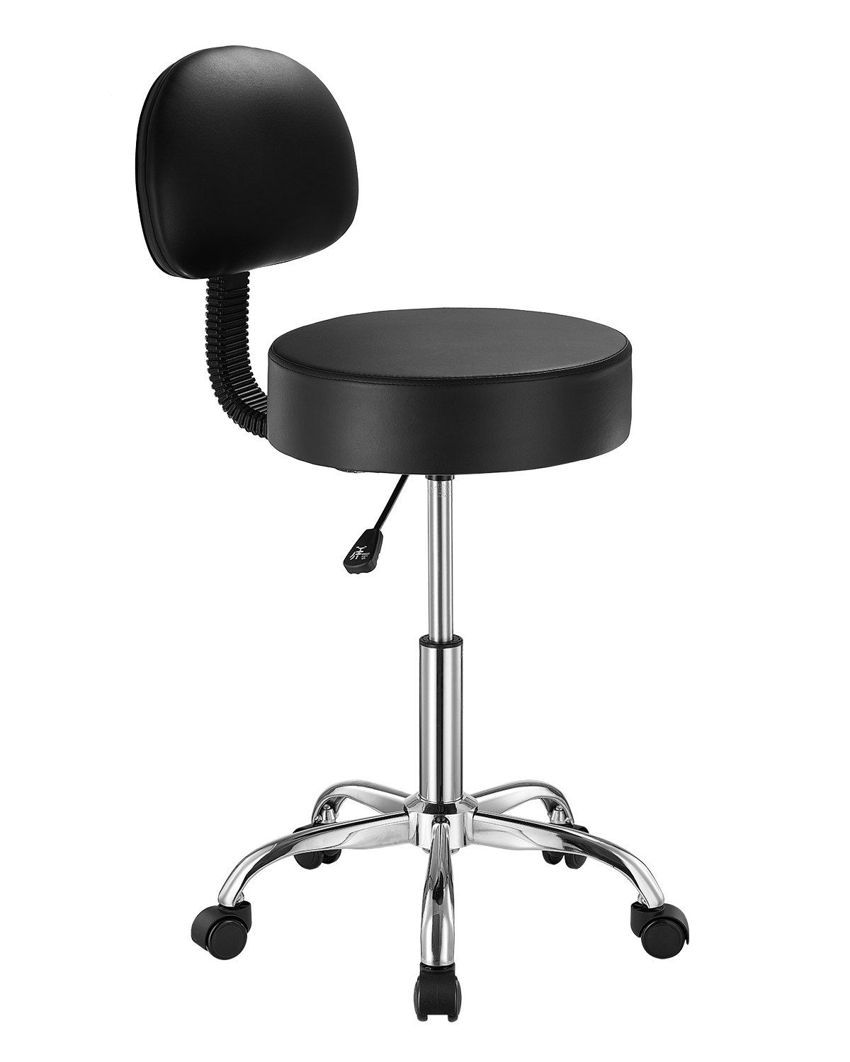 Round Rolling Stool, PU Leather Rolling Stool with Backrest, 360° Swivel Drafting Stool with Thickened Cushion, Height Adjustable Rolling Work SPA Stool, for Office, Home, Salon & Bar, Black - Image 1