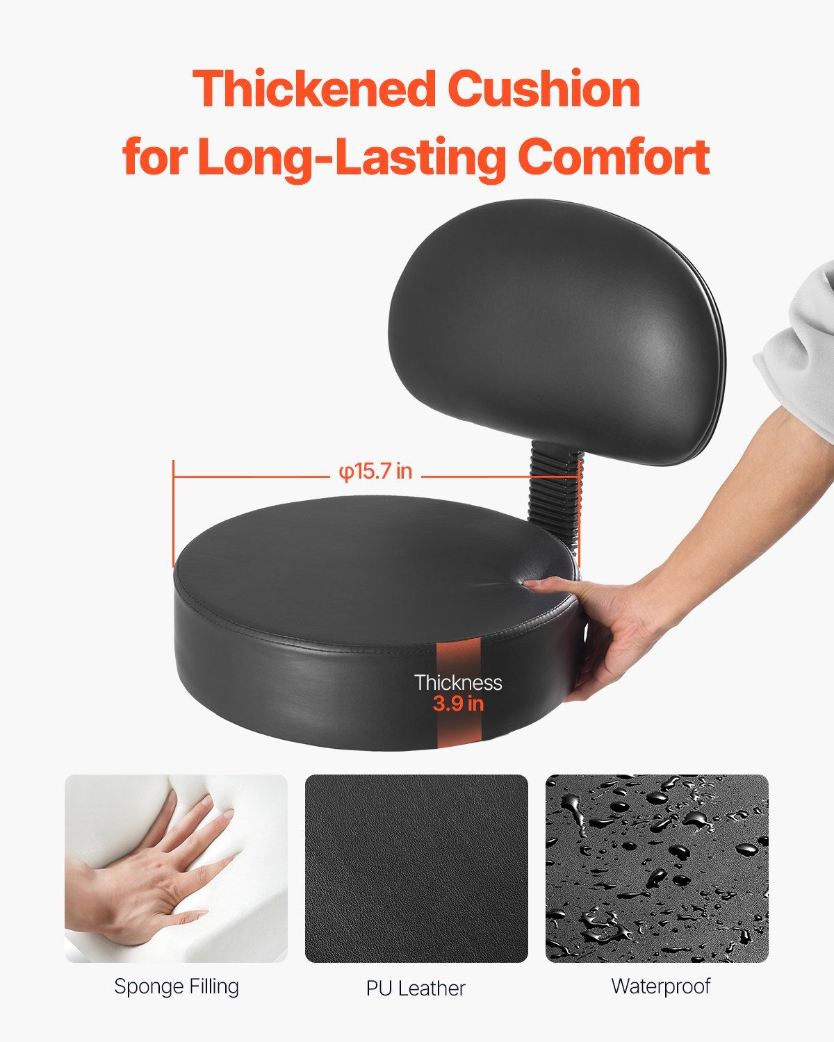 Round Rolling Stool, PU Leather Rolling Stool with Backrest, 360° Swivel Drafting Stool with Thickened Cushion, Height Adjustable Rolling Work SPA Stool, for Office, Home, Salon & Bar, Black - Image 2