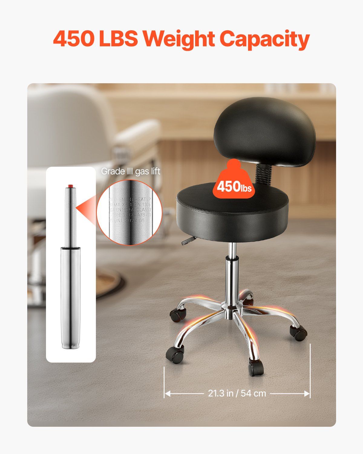 Round Rolling Stool, PU Leather Rolling Stool with Backrest, 360° Swivel Drafting Stool with Thickened Cushion, Height Adjustable Rolling Work SPA Stool, for Office, Home, Salon & Bar, Black - Image 3
