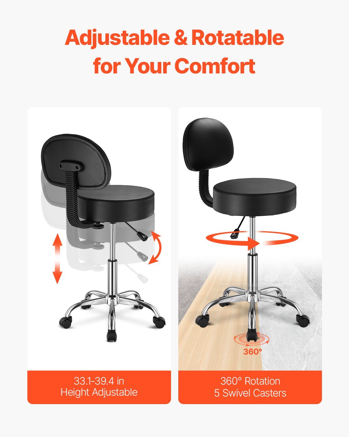 Round Rolling Stool, PU Leather Rolling Stool with Backrest, 360° Swivel Drafting Stool with Thickened Cushion, Height Adjustable Rolling Work SPA Stool, for Office, Home, Salon & Bar, Black - Image 4