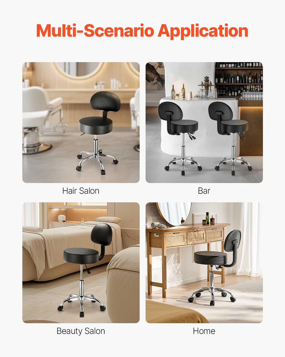 Round Rolling Stool, PU Leather Rolling Stool with Backrest, 360° Swivel Drafting Stool with Thickened Cushion, Height Adjustable Rolling Work SPA Stool, for Office, Home, Salon & Bar, Black - Image 6