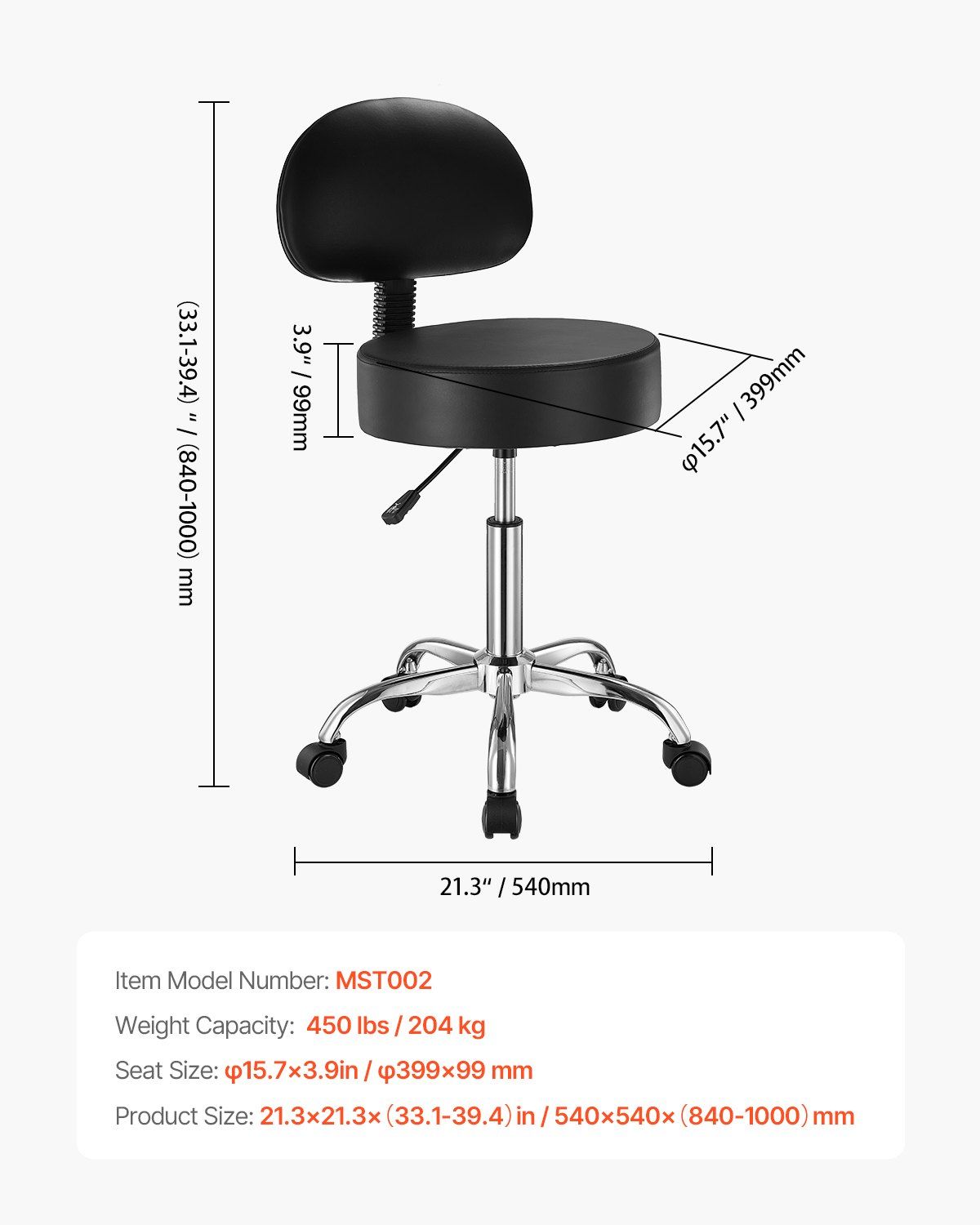 Round Rolling Stool, PU Leather Rolling Stool with Backrest, 360° Swivel Drafting Stool with Thickened Cushion, Height Adjustable Rolling Work SPA Stool, for Office, Home, Salon & Bar, Black - Image 7