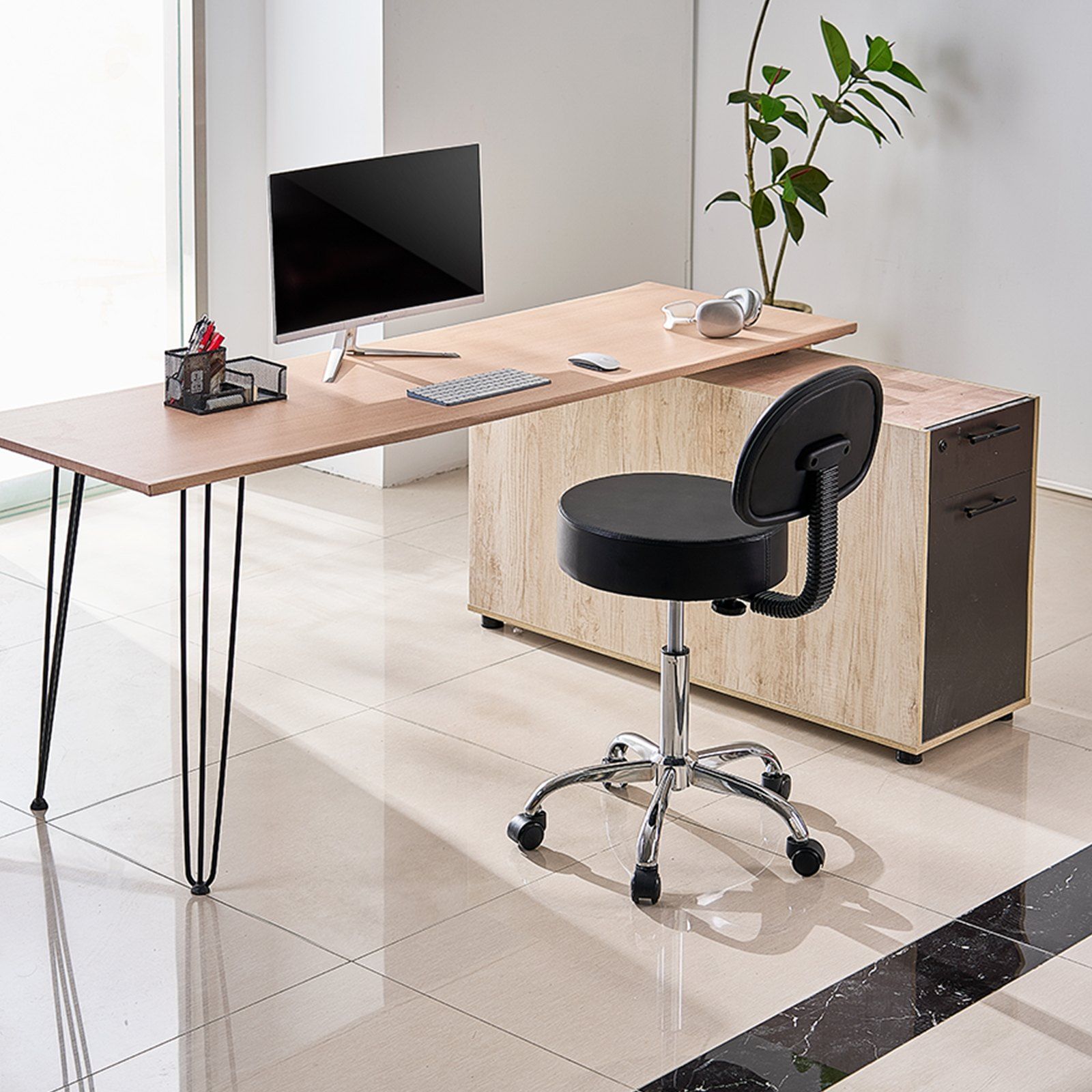 Round Rolling Stool, PU Leather Rolling Stool with Backrest, 360° Swivel Drafting Stool with Thickened Cushion, Height Adjustable Rolling Work SPA Stool, for Office, Home, Salon & Bar, Black - Image 8