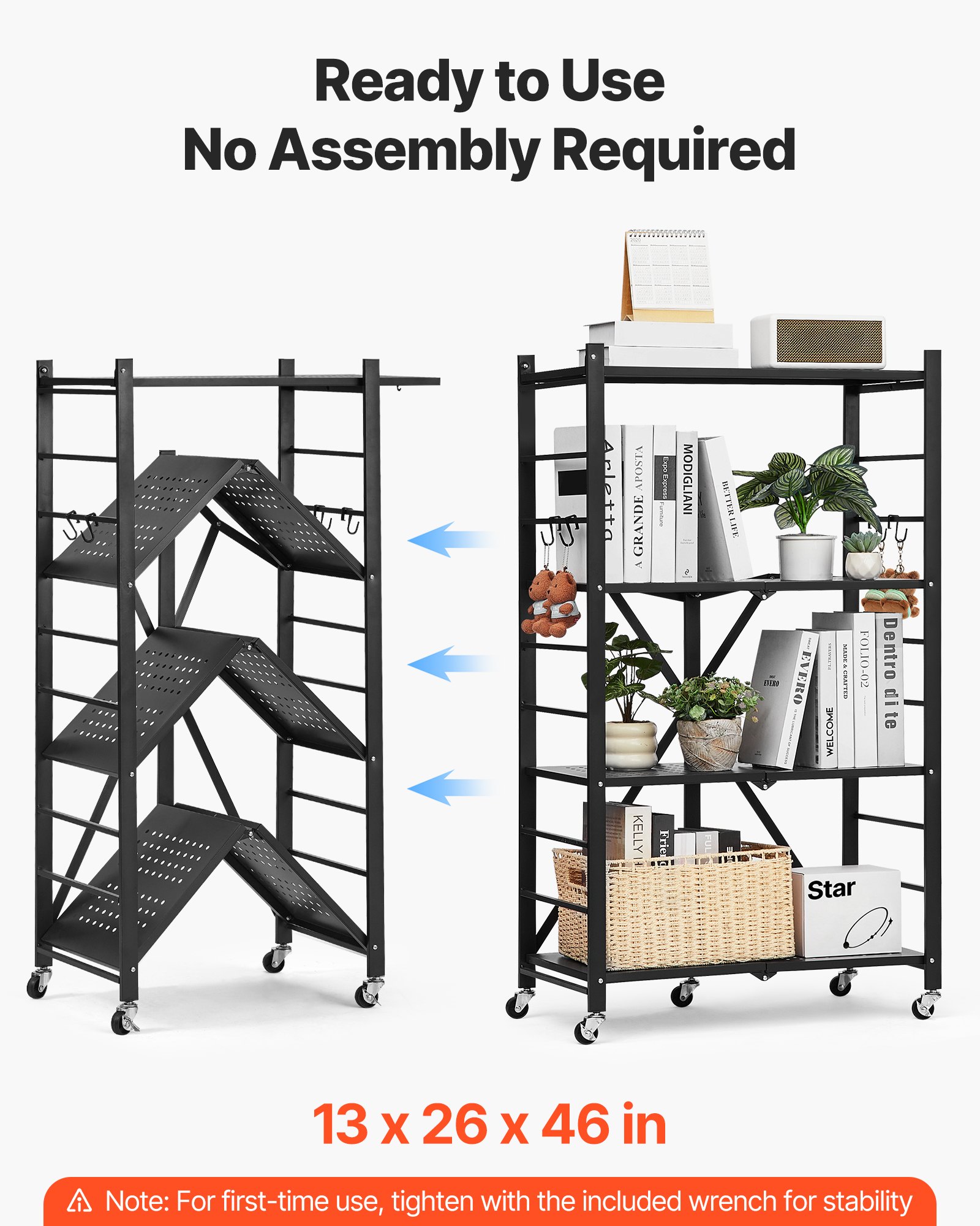 4-Tier Foldable Storage Shelf with Wheels, 66 cm W x 33 cm D x 117 cm H Folding Metal Rack Shelving Unit, No Assembly Organizer Shelf for Garage, Kitchen, Basement, Black - Image 2