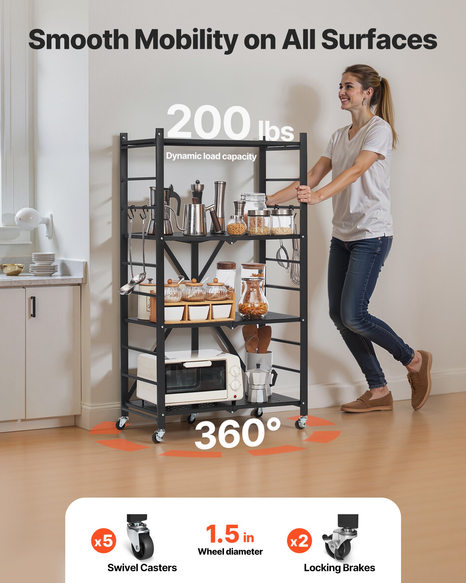 4-Tier Foldable Storage Shelf with Wheels, 66 cm W x 33 cm D x 117 cm H Folding Metal Rack Shelving Unit, No Assembly Organizer Shelf for Garage, Kitchen, Basement, Black - Image 3