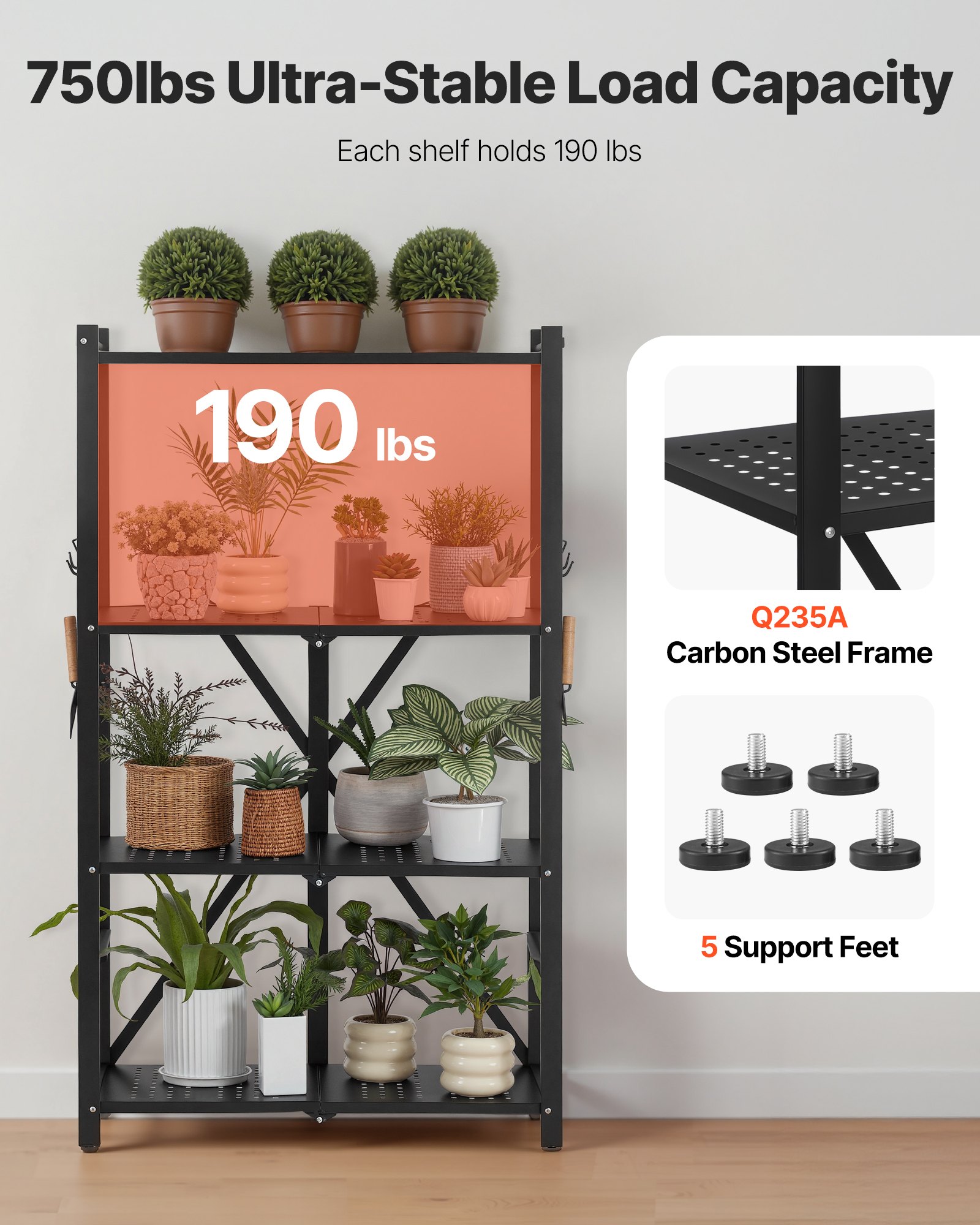 4-Tier Foldable Storage Shelf with Wheels, 66 cm W x 33 cm D x 117 cm H Folding Metal Rack Shelving Unit, No Assembly Organizer Shelf for Garage, Kitchen, Basement, Black - Image 4