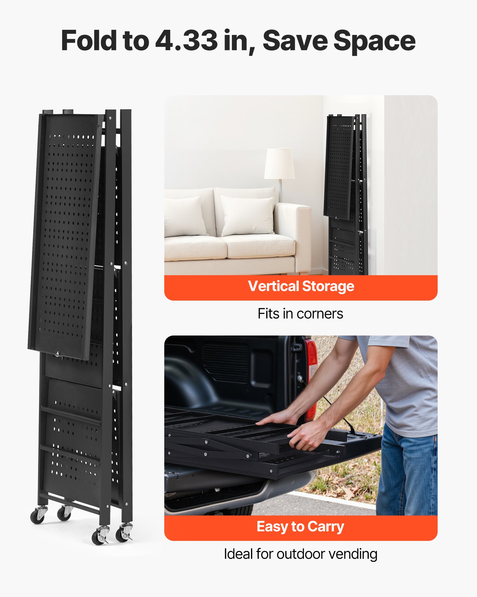 4-Tier Foldable Storage Shelf with Wheels, 66 cm W x 33 cm D x 117 cm H Folding Metal Rack Shelving Unit, No Assembly Organizer Shelf for Garage, Kitchen, Basement, Black - Image 5