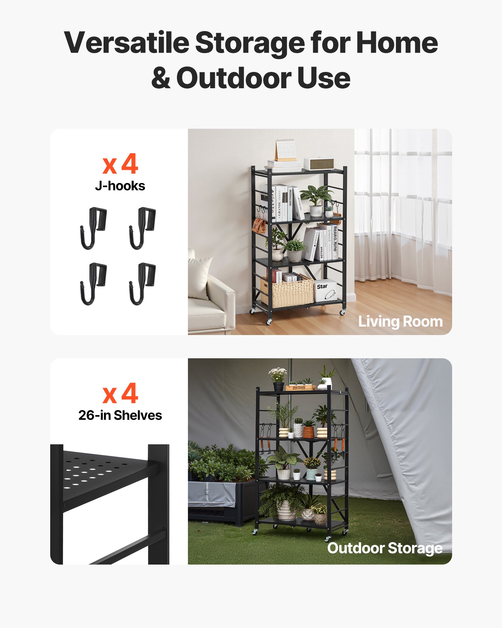 4-Tier Foldable Storage Shelf with Wheels, 66 cm W x 33 cm D x 117 cm H Folding Metal Rack Shelving Unit, No Assembly Organizer Shelf for Garage, Kitchen, Basement, Black - Image 6