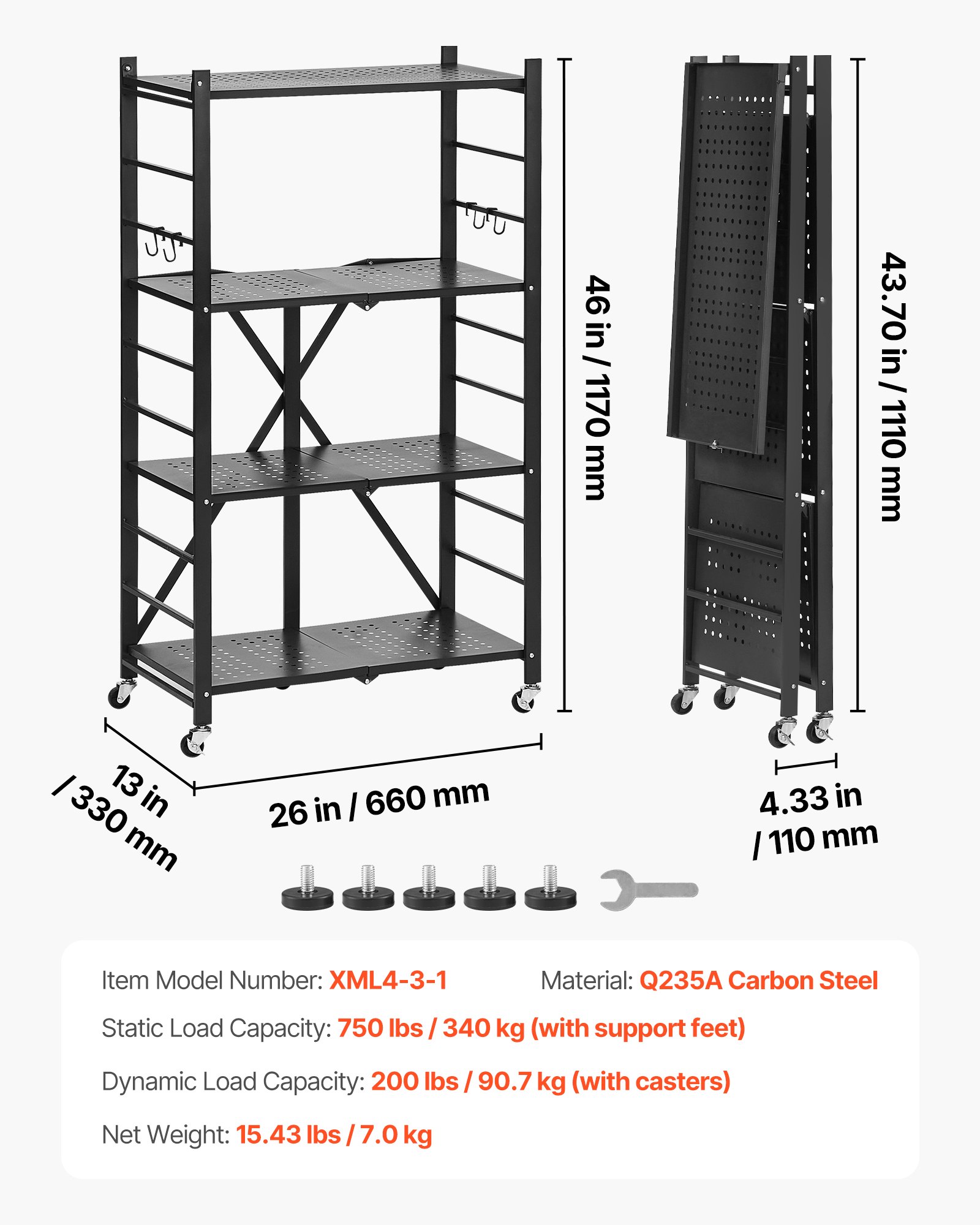4-Tier Foldable Storage Shelf with Wheels, 66 cm W x 33 cm D x 117 cm H Folding Metal Rack Shelving Unit, No Assembly Organizer Shelf for Garage, Kitchen, Basement, Black - Image 7