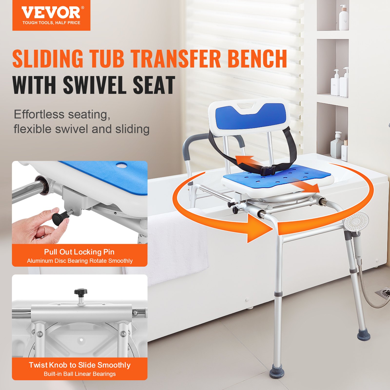 Sliding Tub Transfer Bench with 360 Degree Swivel Seat, Height Adjustable Bathtub Transfer Bench with Armrest & Safety Belt, Non-Slip Rotating Shower Chair for Elderly Disabled, 400LBS Capacity - Image 2