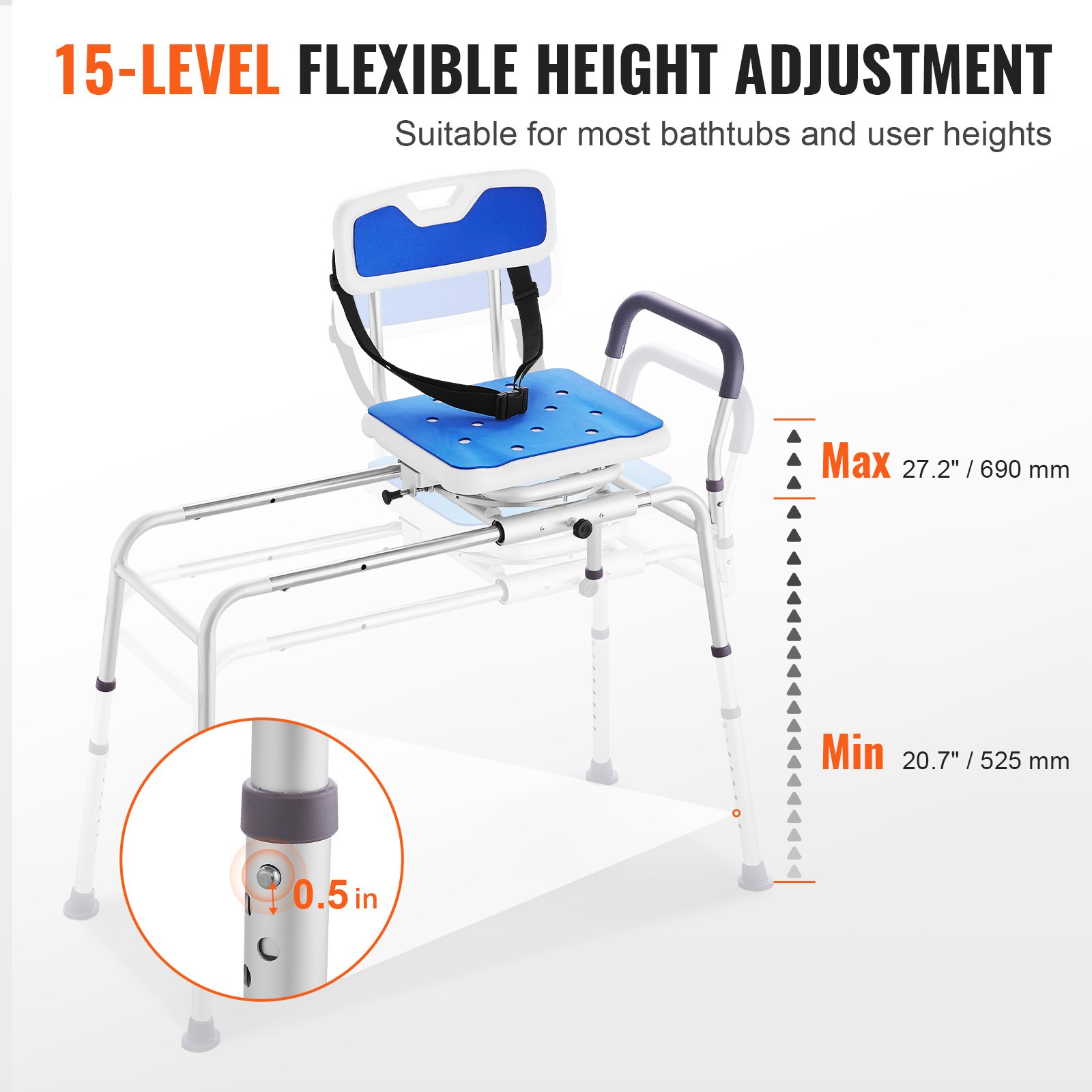 Sliding Tub Transfer Bench with 360 Degree Swivel Seat, Height Adjustable Bathtub Transfer Bench with Armrest & Safety Belt, Non-Slip Rotating Shower Chair for Elderly Disabled, 400LBS Capacity - Image 3